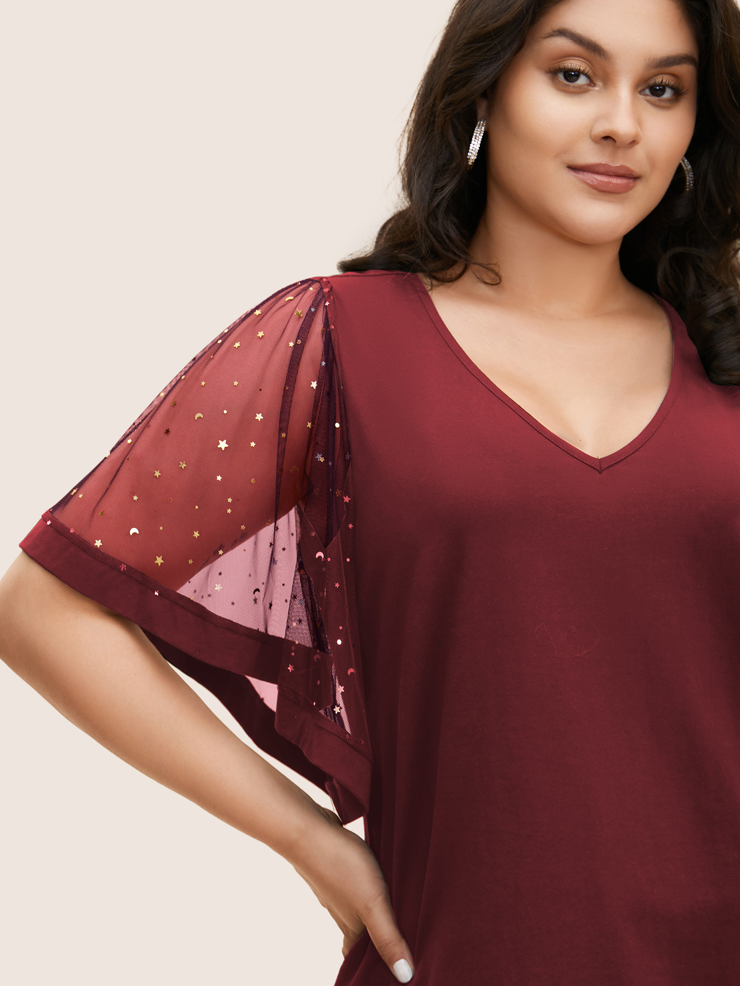 Plus Size Star Sequin Mesh Patchwork Ruffle Sleeve T-shirt Scarlet Women Resort See through Star and moon V-neck Vacation T-shirts BloomChic 28/5X 