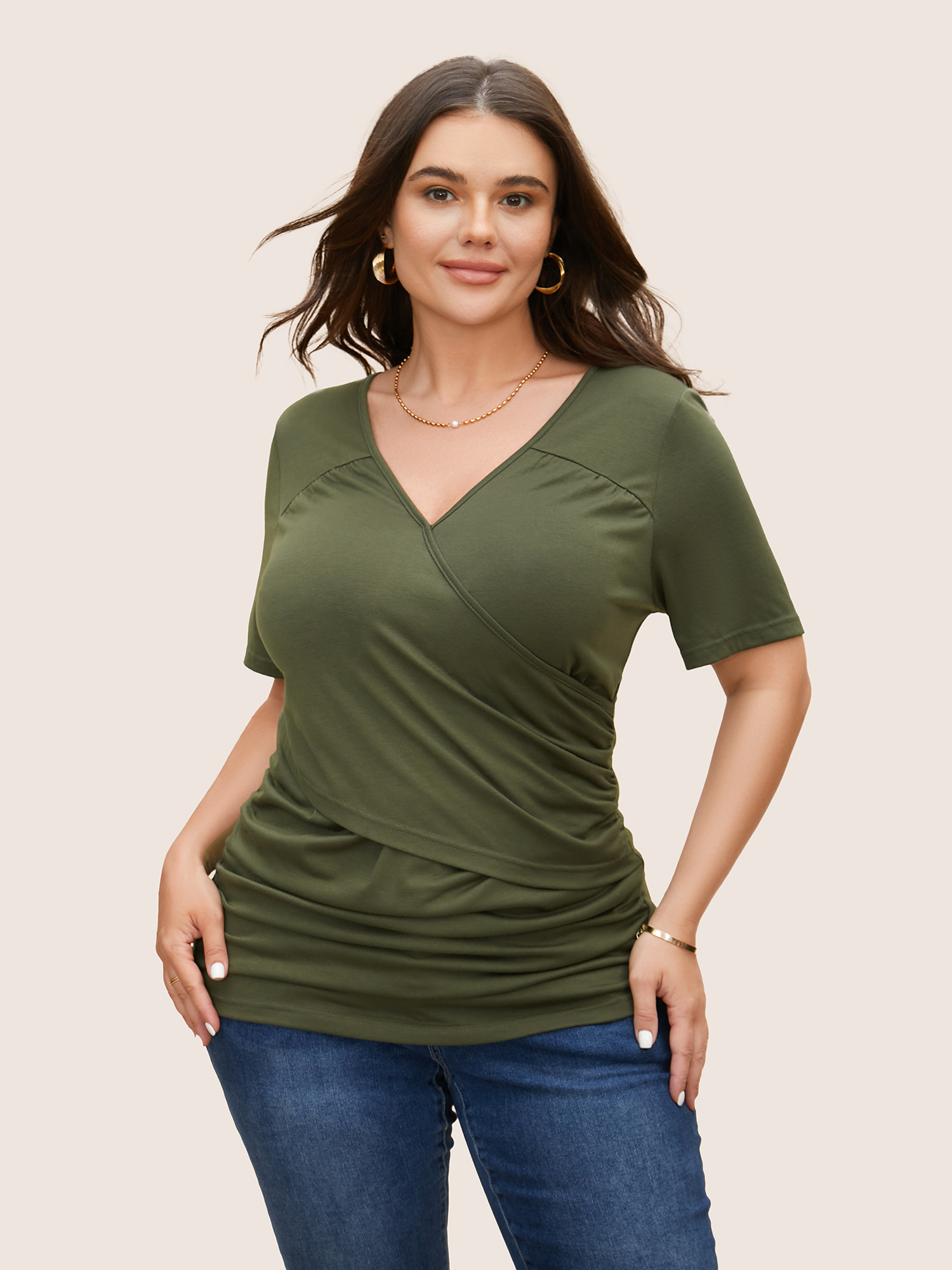 

Plus Size Solid Overlap Collar Ruched Slim T-shirt ArmyGreen Women Elegant Gathered Overlap Collar Skinny Everyday T-shirts BloomChic