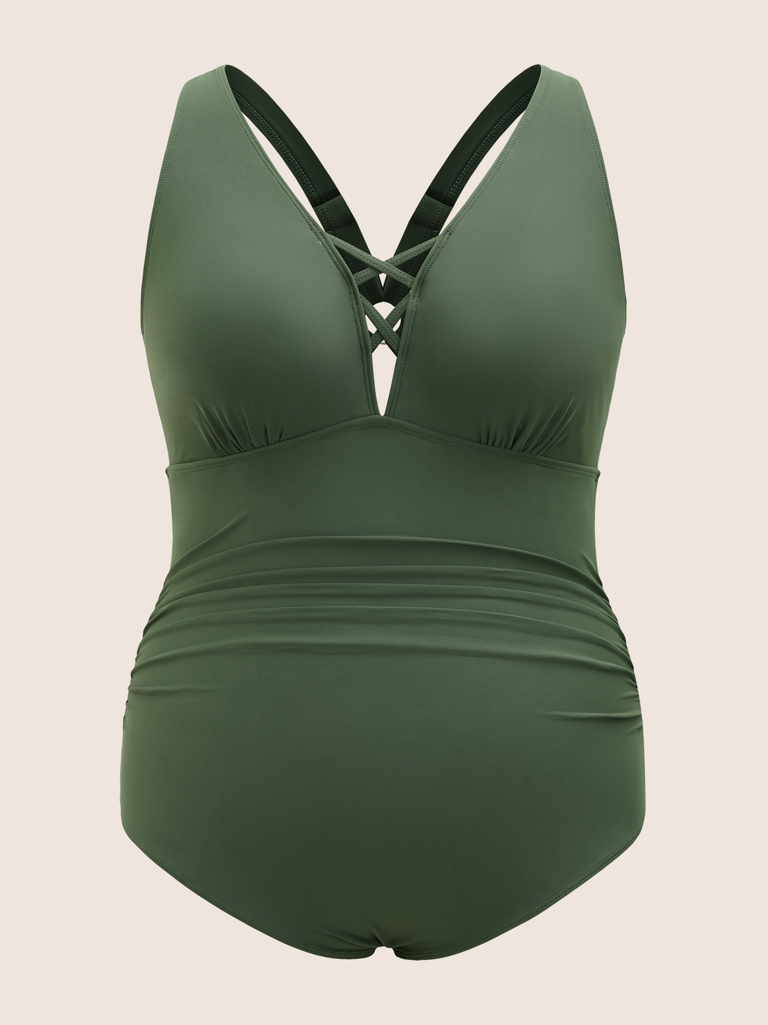 Plus Size Solid Crisscross Cut Out Backless One Piece Swimsuit Women`s Swimwear ArmyGreen Beach Gathered Curve Bathing Suits High stretch One Pieces BloomChic 28/5X 