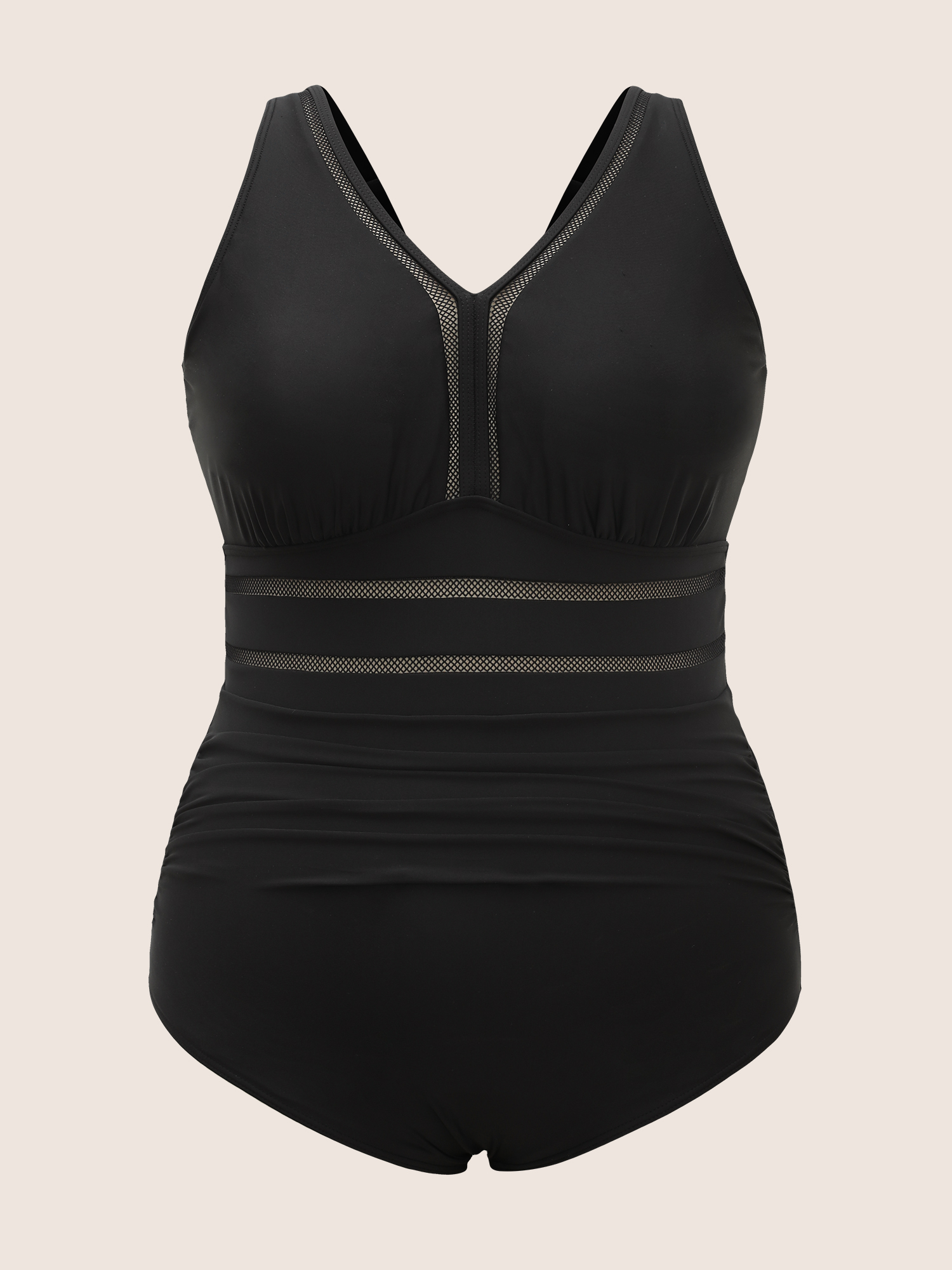 Plus Size V Neck Patchwork Mesh Gathered One Piece Swimsuit Women`s Swimwear Black Beach Woven ribbon&lace trim Curve Bathing Suits High stretch One Pieces BloomChic 22-24/3X 