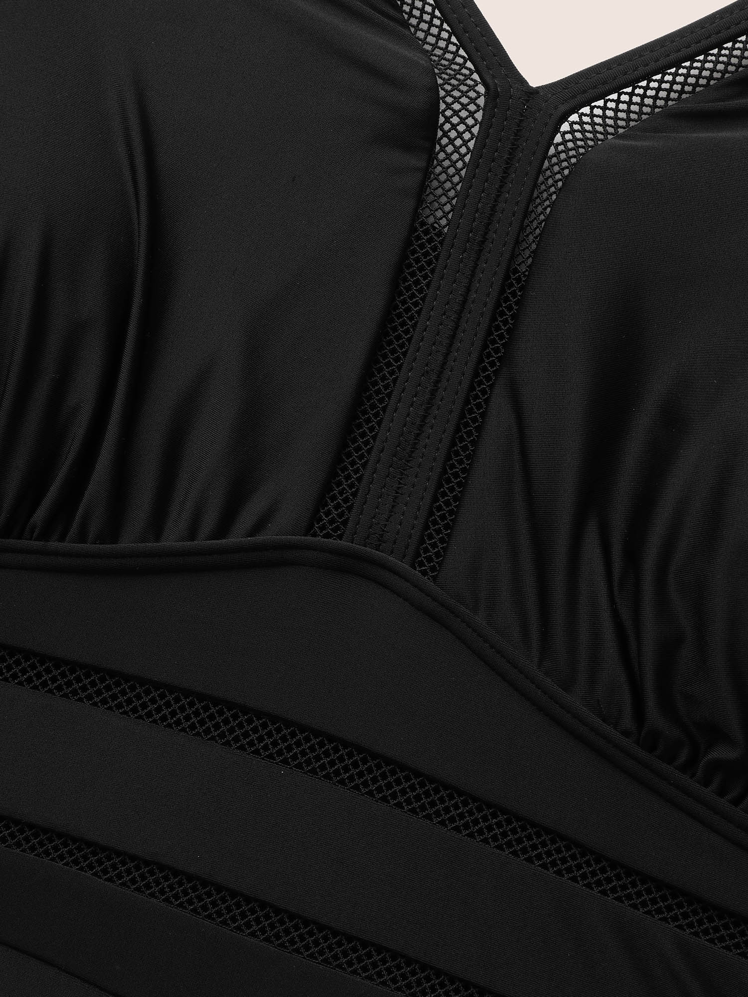 Plus Size V Neck Patchwork Mesh Gathered One Piece Swimsuit Women`s Swimwear Black Beach Woven ribbon&lace trim Curve Bathing Suits High stretch One Pieces BloomChic 22-24/3X 