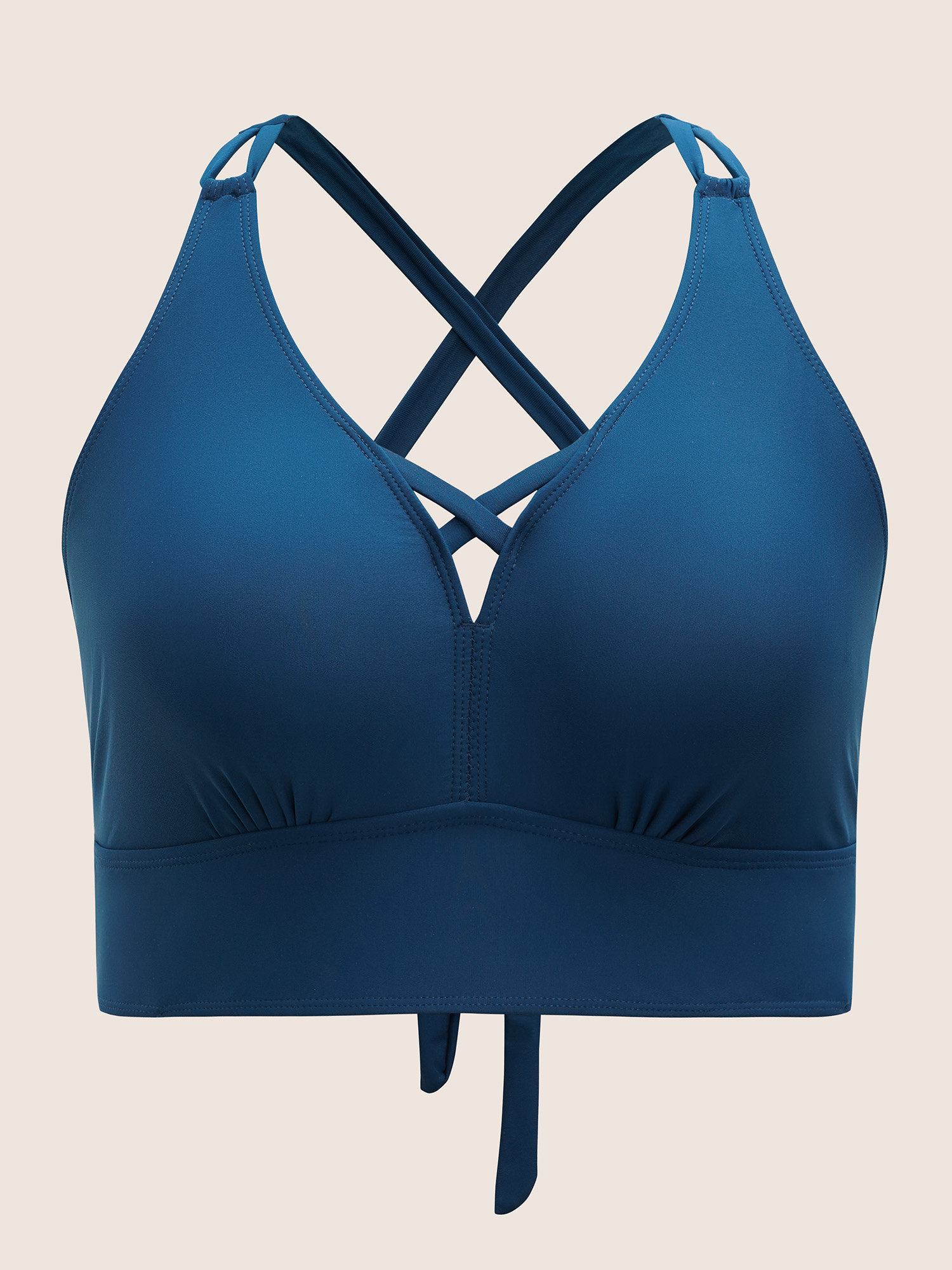 Plus Size Plain Cut Out Crisscross Tie Knot Swim Top Women`s Swimwear Indigo Beach Cross straps High stretch Skinny U-neck Curve Swim Tops BloomChic 22-24/3X 