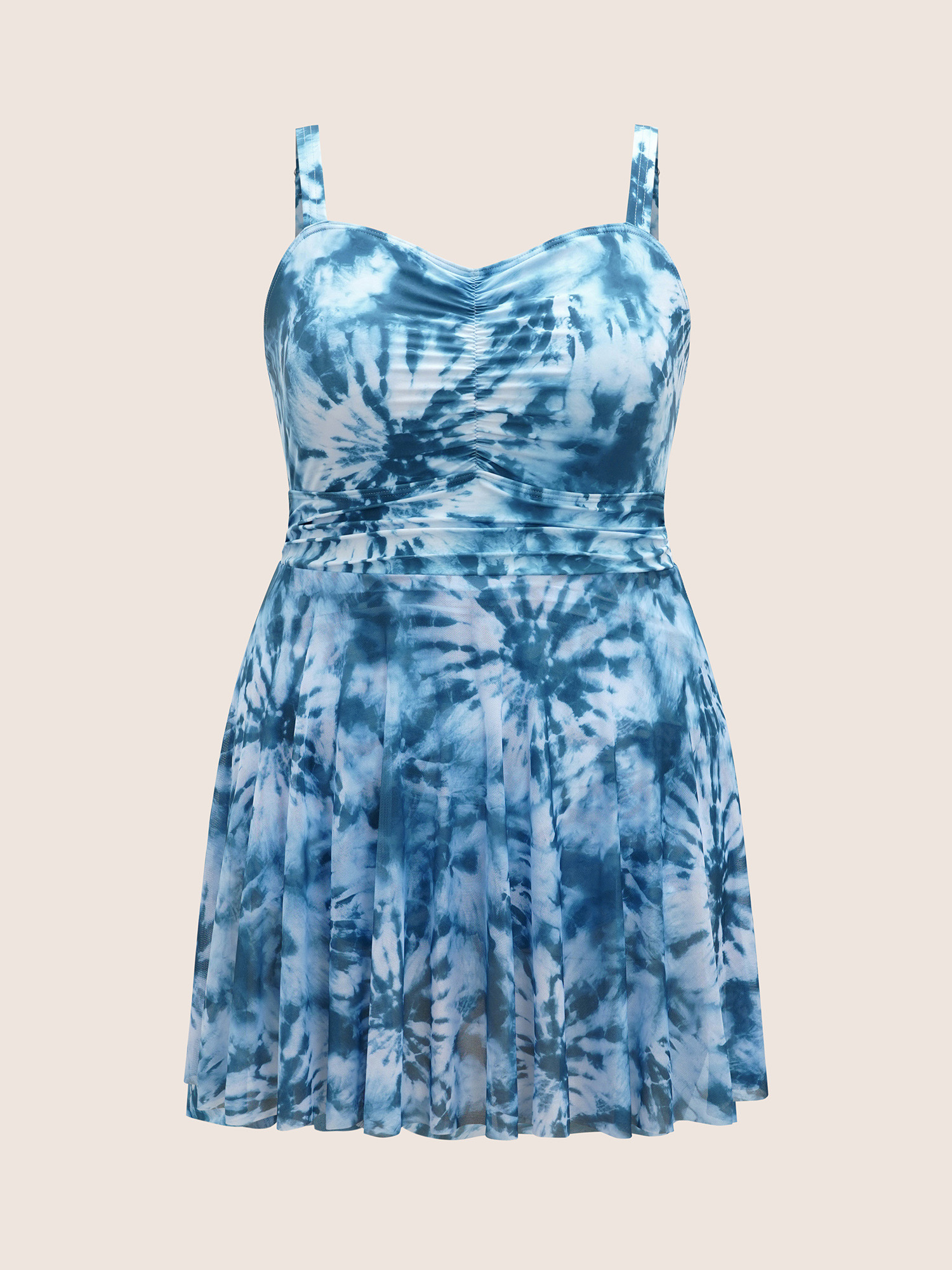 Plus Size Heart Neckline Tie Dye Ruched Swim Dress Women`s Swimwear Cerulean Beach Bodycon Heart neckline High stretch Curve Swim Dresses BloomChic 28/5X 