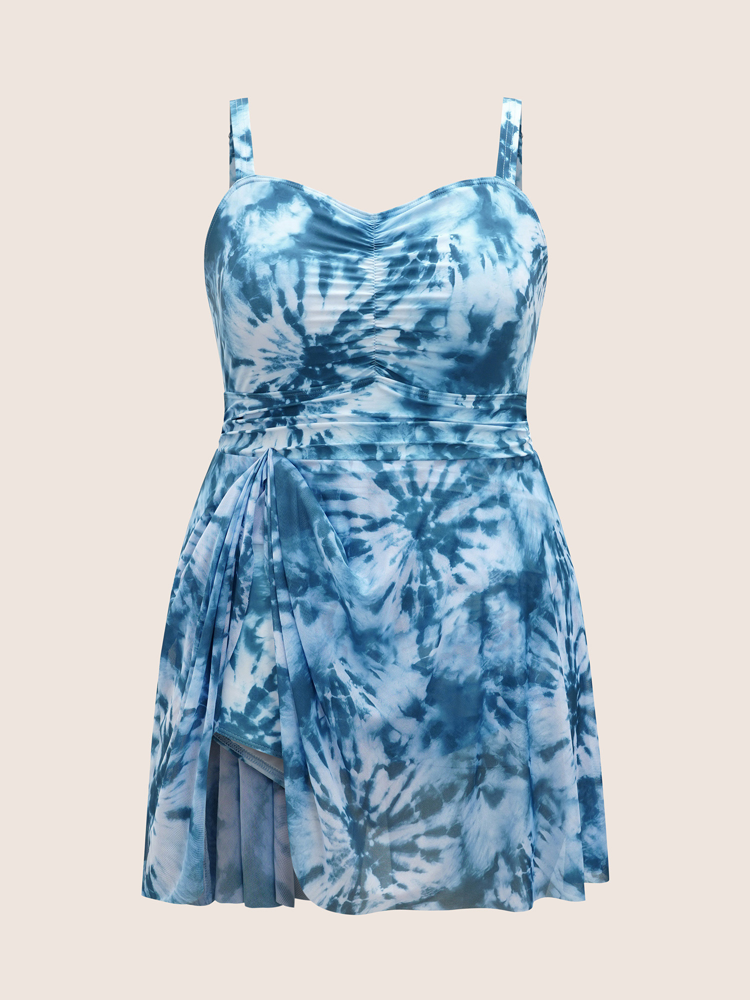 Plus Size Heart Neckline Tie Dye Ruched Swim Dress Women`s Swimwear Cerulean Beach Bodycon Heart neckline High stretch Curve Swim Dresses BloomChic 28/5X 