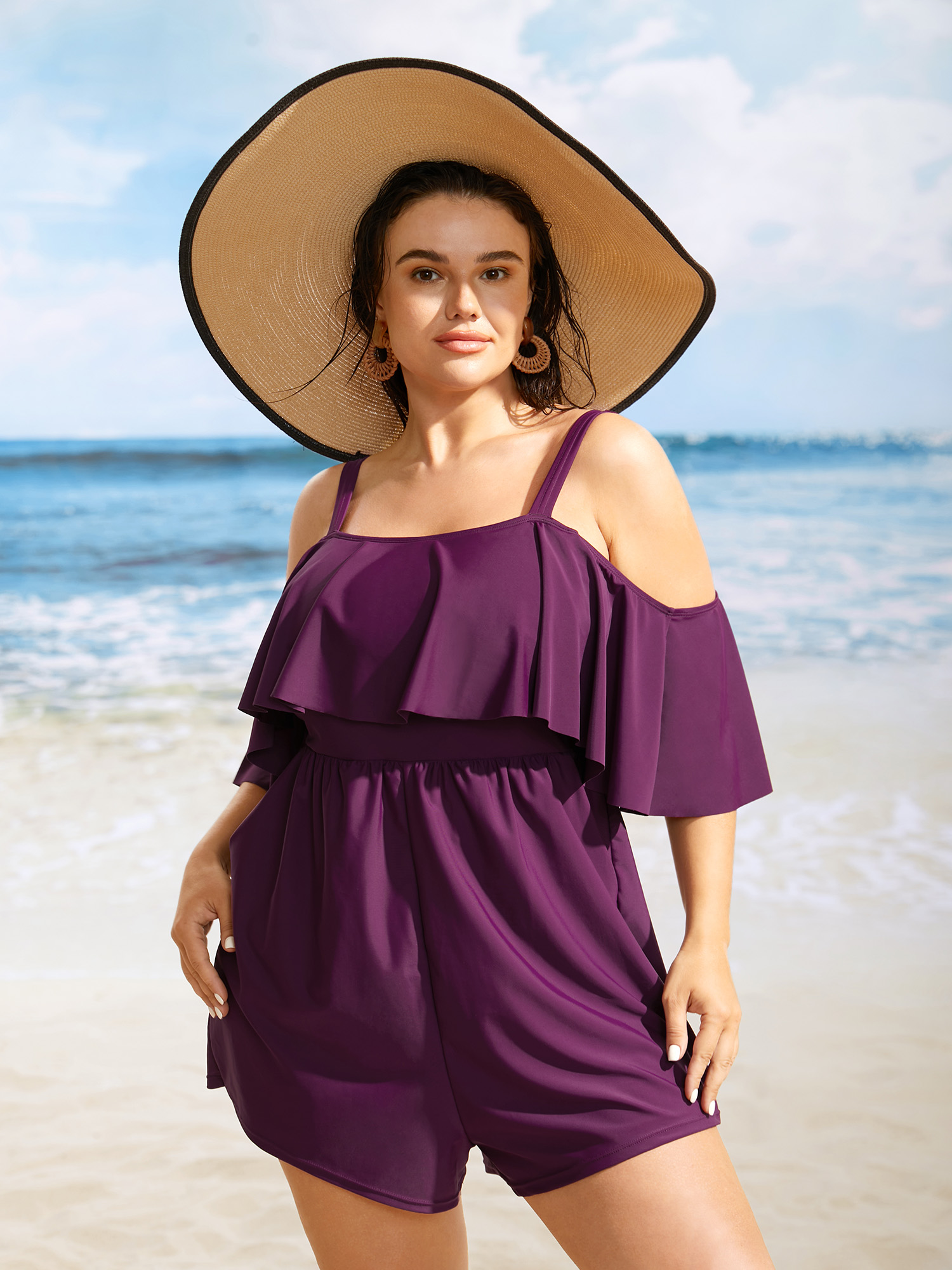 

Plus Size Solid One Shoulder Neck Ruffle Trim One Piece Swimsuit Women's Swimwear Deeppurplered Beach Gathered Curve Bathing Suits High stretch One Pieces BloomChic