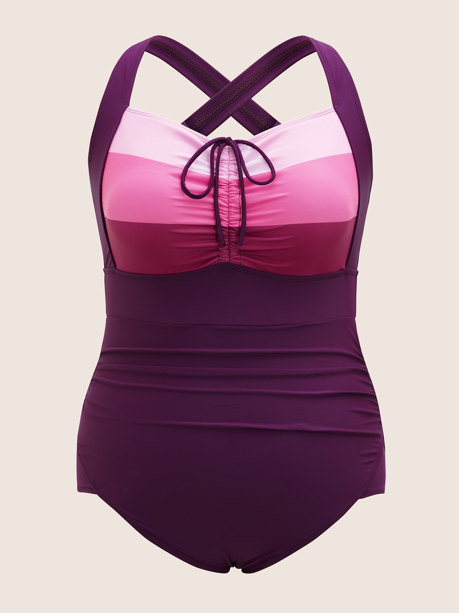 Plus Size Colorblock Contrast Heart Neckline Drawstring One Piece Swimsuit Women`s Swimwear Eggplant Beach Gathered Curve Bathing Suits High stretch One Pieces BloomChic 30/6X 
