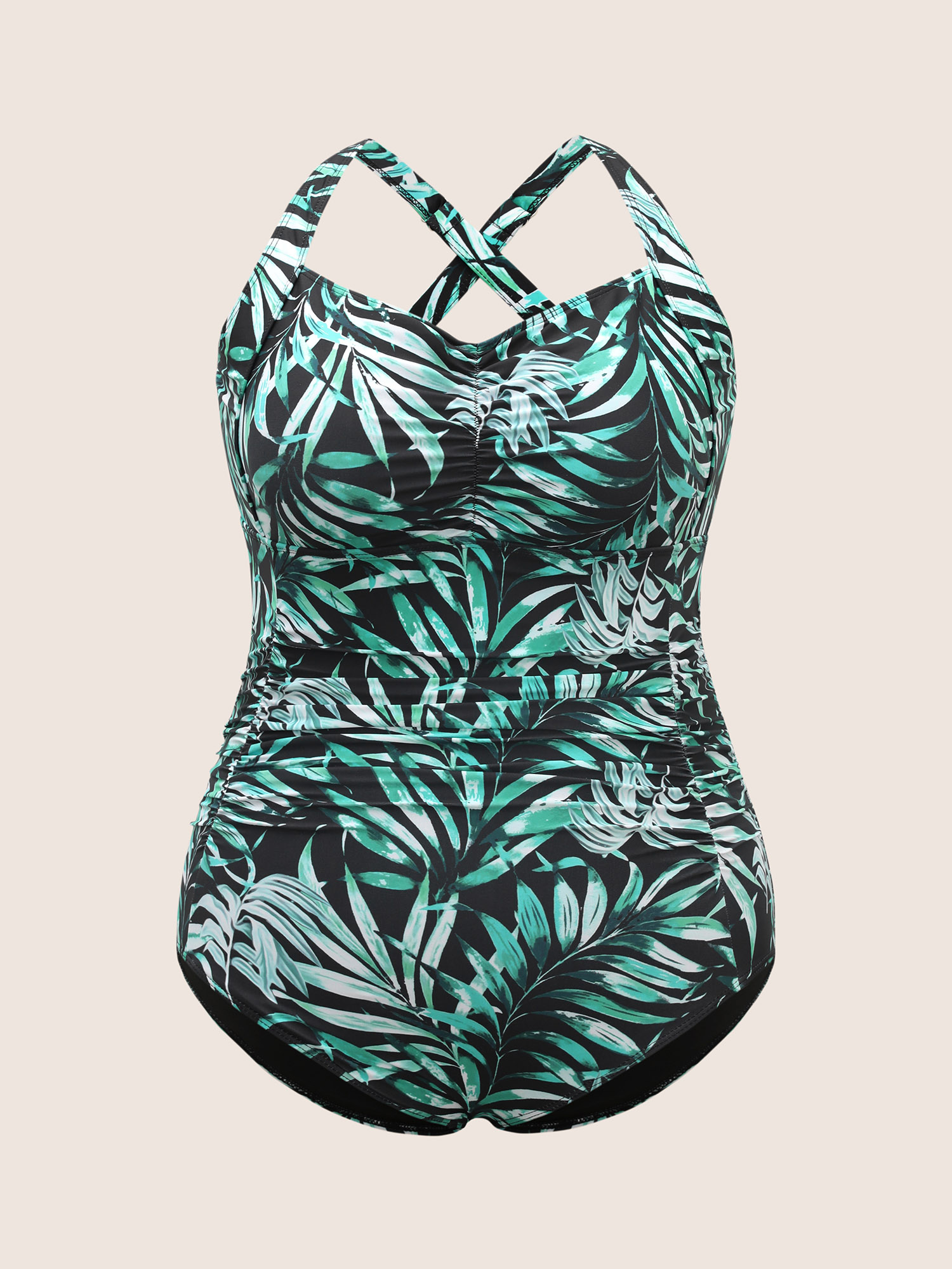 Plus Size Tropical Print Heart Neckline Ruched One Piece Swimsuit Women`s Swimwear Emerald Beach Gathered Curve Bathing Suits High stretch One Pieces BloomChic 10/M 
