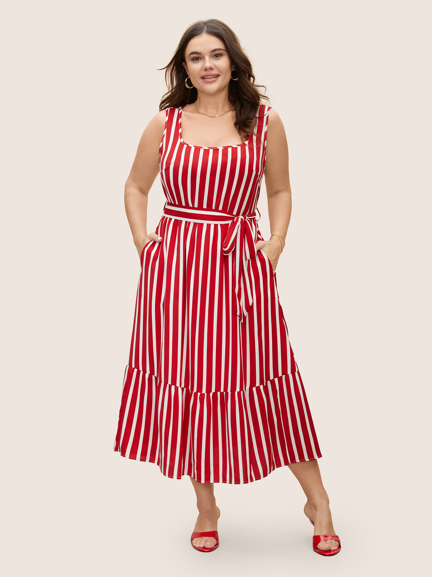 

Plus Size Square Neck Striped Belted Midi Dress Crimson Women Belted Square Neck Sleeveless Curvy BloomChic