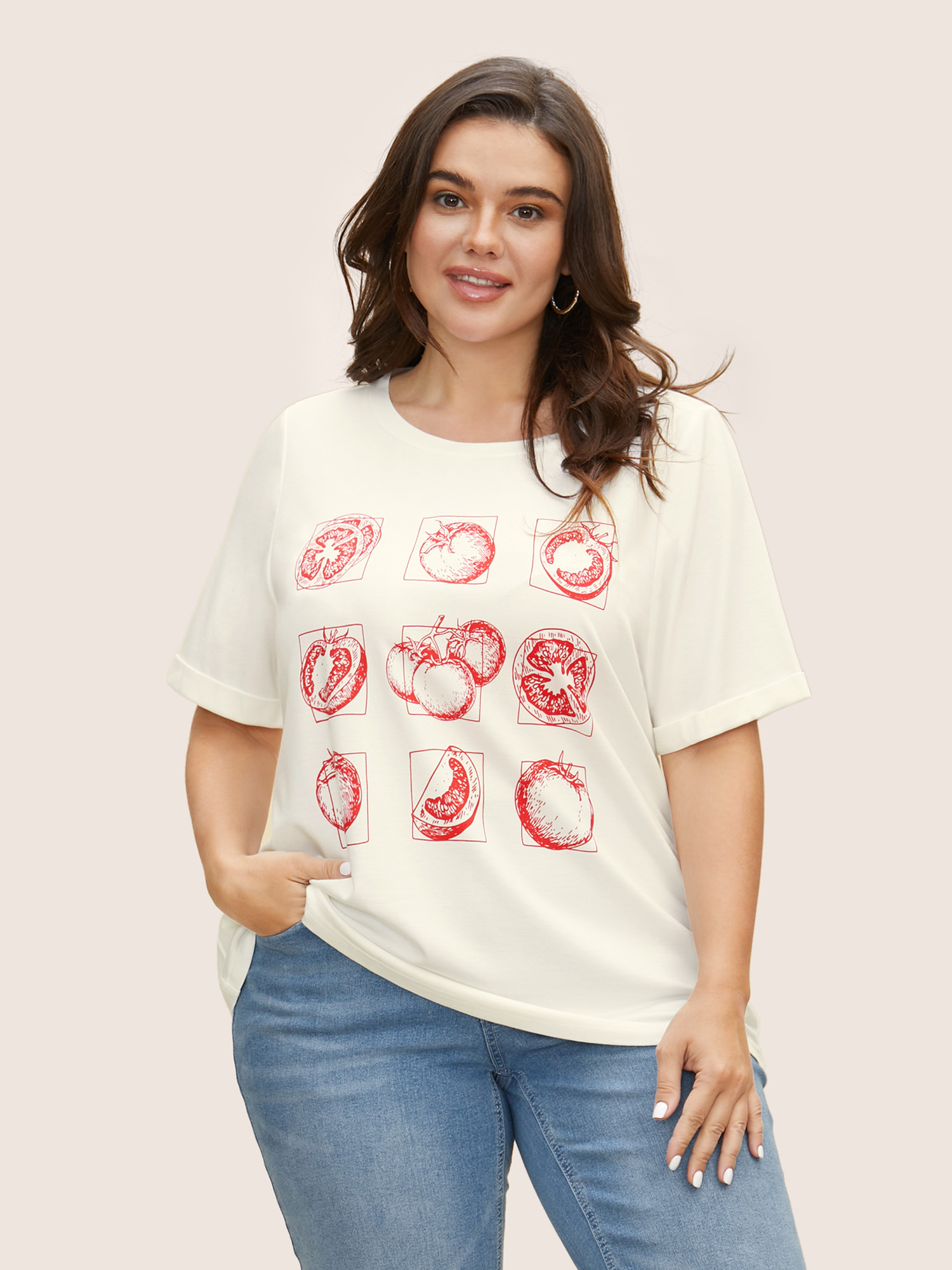 

Plus Size Art & Design Tomato Print Round Neck T-shirt WhiteSmoke Women Casual Contrast Art&design Round Neck Everyday T-shirts BloomChic