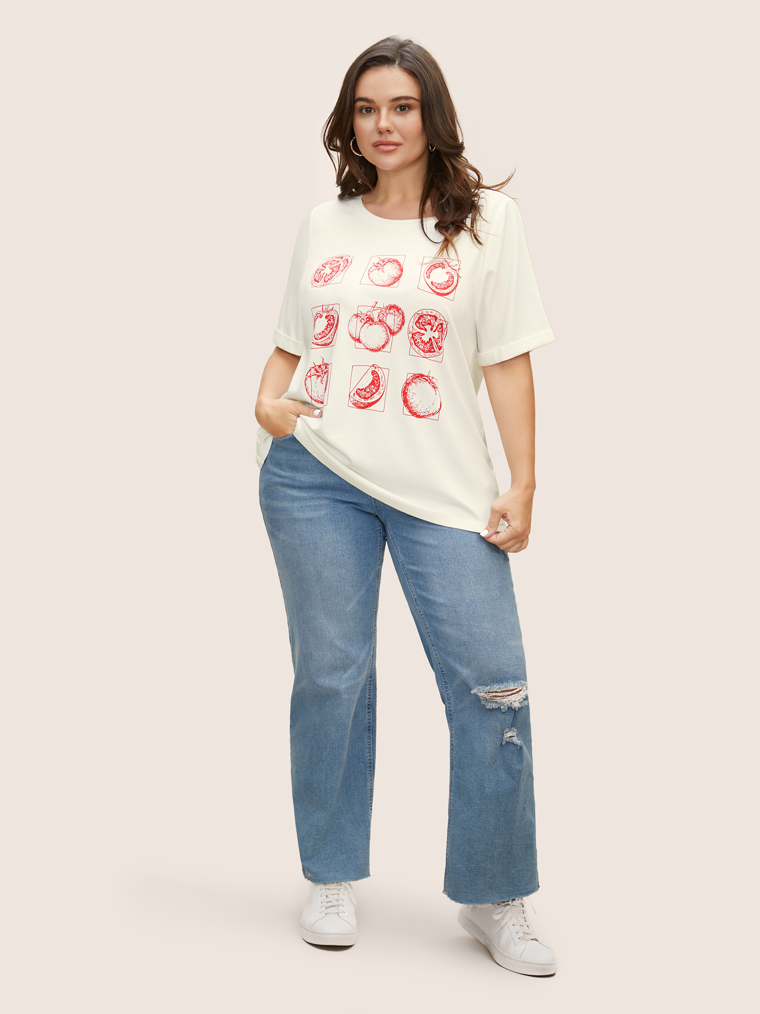 

Plus Size Art & Design Tomato Print Round Neck T-shirt WhiteSmoke Women Casual Contrast Art&design Round Neck Everyday T-shirts BloomChic