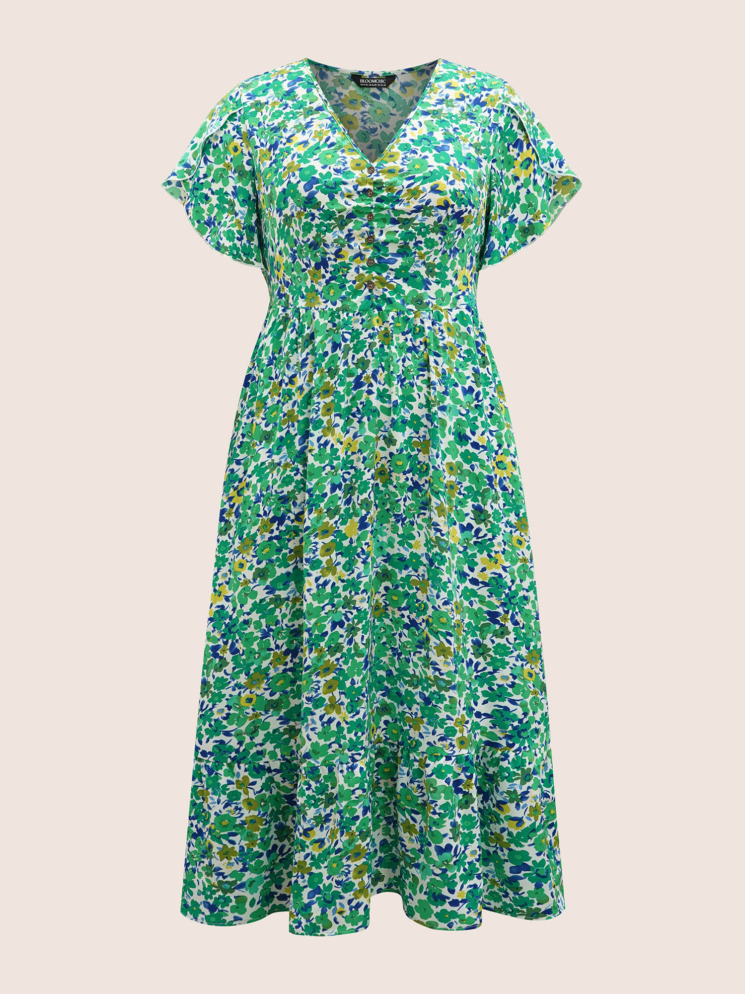 Plus Size Floral Button Detail Petal Sleeve Maxi Dress Malachitegreen Women Gathered V-neck Short sleeve Curvy BloomChic 18-20/2X 