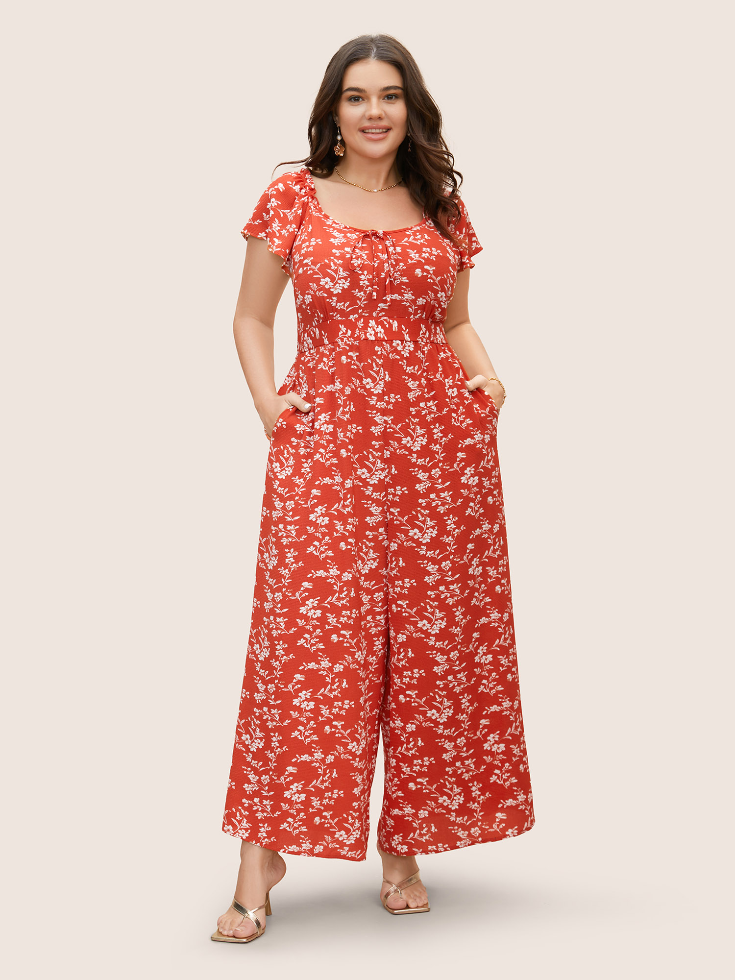 

Plus Size Rust Crew Neck Ditsy Floral Tie Knot Jumpsuit Women Elegant Cap Sleeve Round Neck Everyday Loose Jumpsuits BloomChic