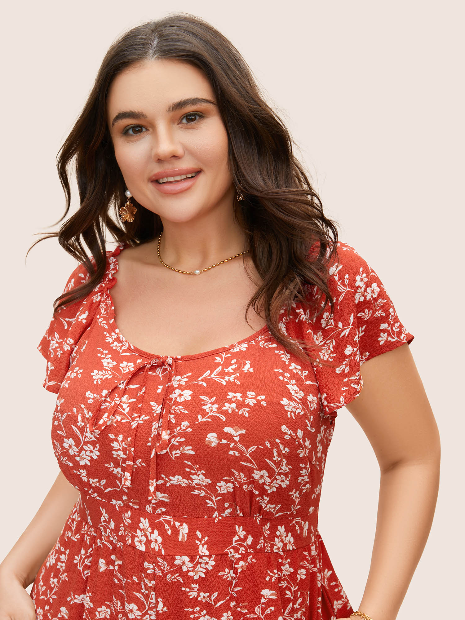 Plus Size Rust Crew Neck Ditsy Floral Tie Knot Jumpsuit Women Elegant Cap Sleeve Round Neck Everyday Loose Jumpsuits BloomChic 26/4X 