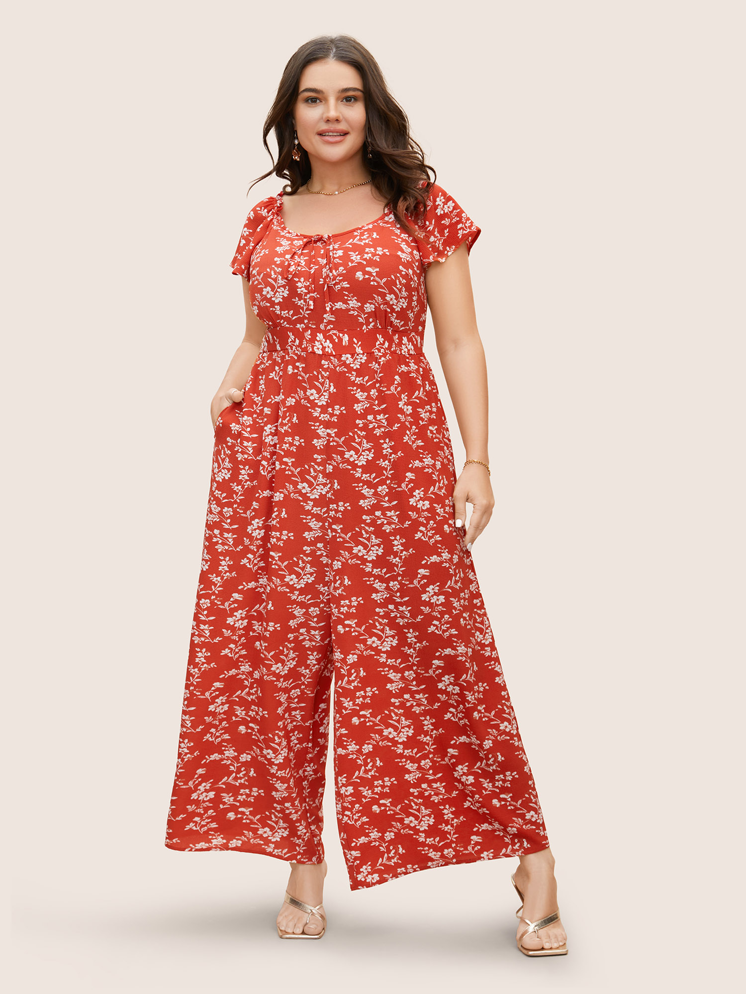 Plus Size Rust Crew Neck Ditsy Floral Tie Knot Jumpsuit Women Elegant Cap Sleeve Round Neck Everyday Loose Jumpsuits BloomChic 26/4X 
