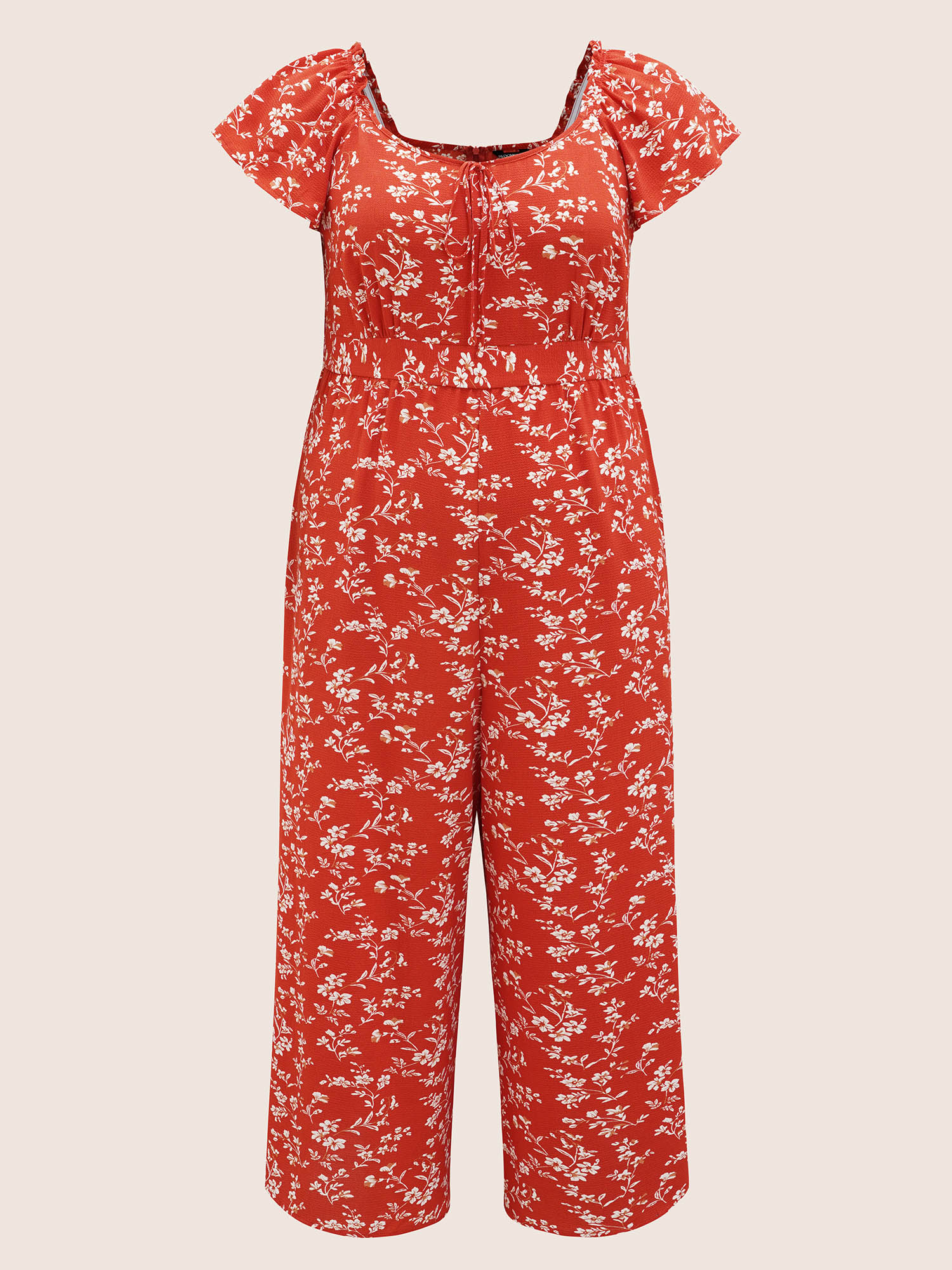 Plus Size Rust Crew Neck Ditsy Floral Tie Knot Jumpsuit Women Elegant Cap Sleeve Round Neck Everyday Loose Jumpsuits BloomChic 26/4X 