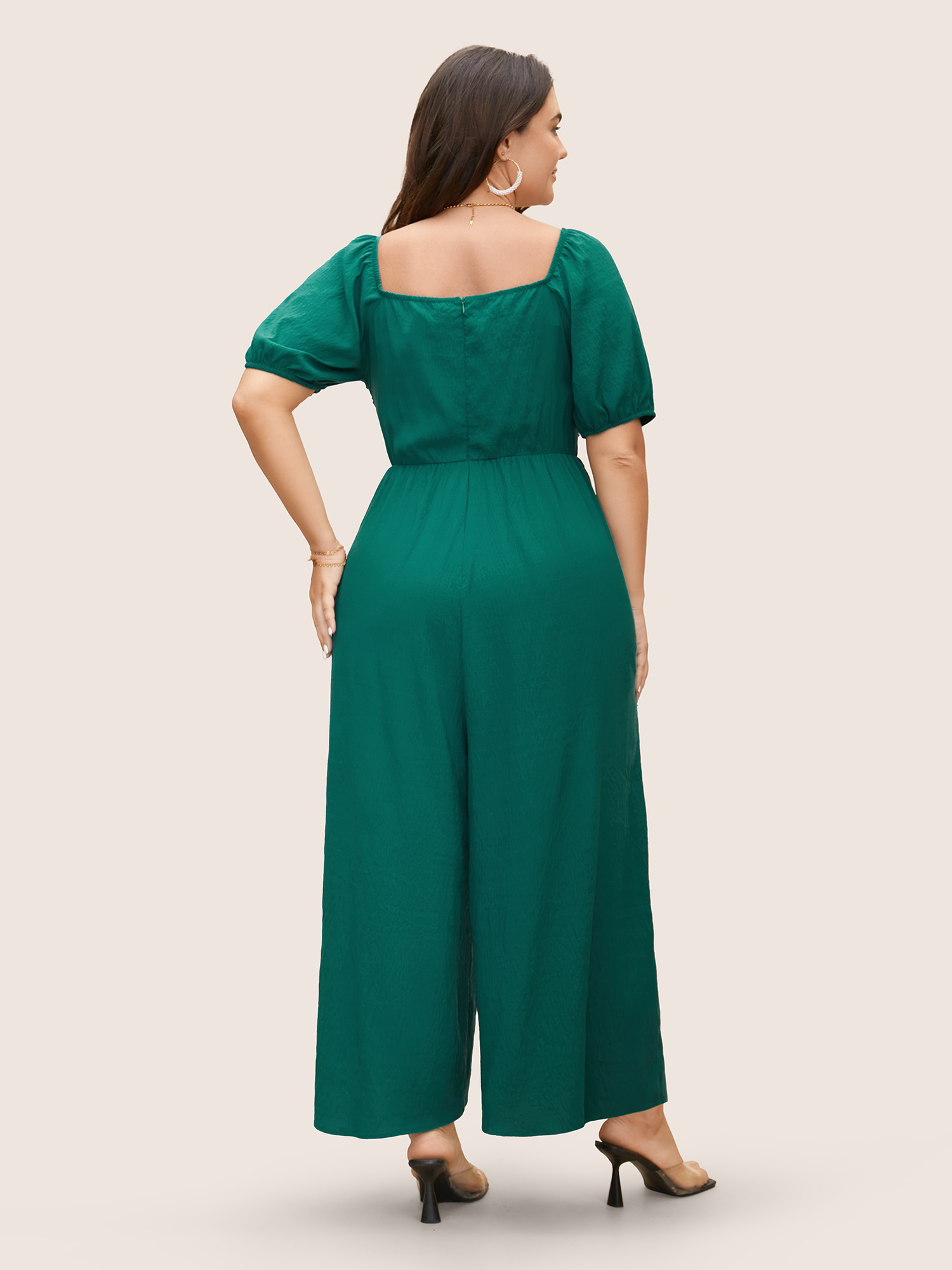 Plus Size Emerald Heart Neckline Lantern Sleeve Ruched Jumpsuit Women Elegant Short sleeve Heart neckline Everyday Loose Jumpsuits BloomChic 28/5X 