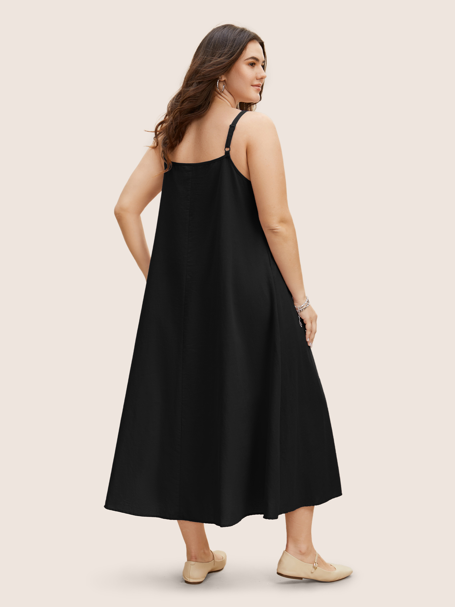 

Plus Size Cotton Plain Pleated Loose Fit Cami Dress Black Women Ruffles Non Sleeveless Curvy BloomChic