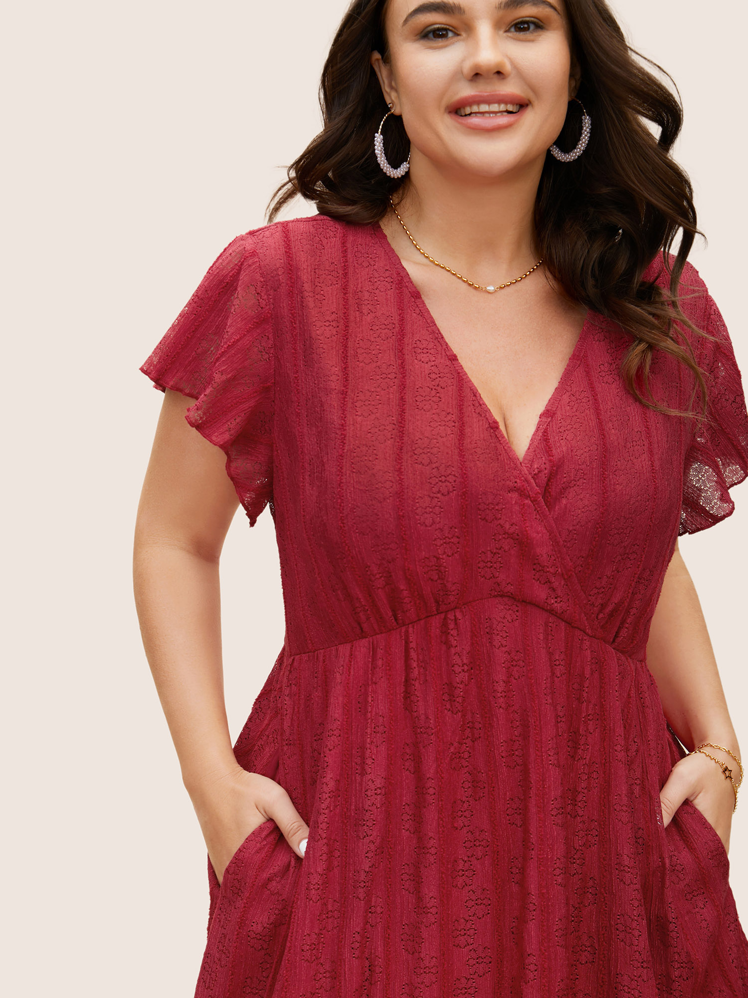 

Plus Size Lace Panel Wrap Ruffle Cap Sleeve Dress Scarlet Women Texture Overlap Collar Cap Sleeve Curvy BloomChic