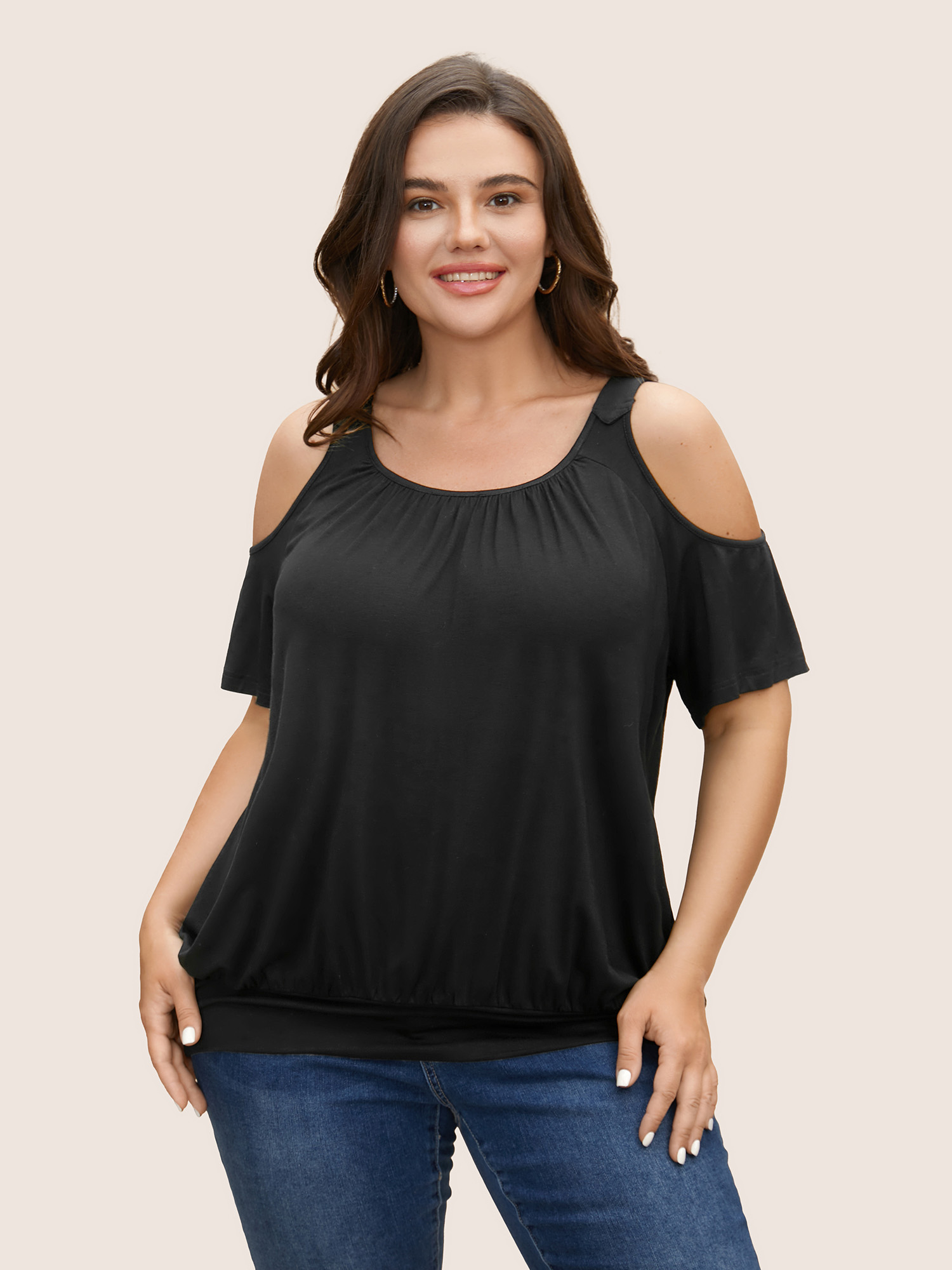 

Plus Size Supersoft Essentials Cold Shoulder Gathered T-shirt Black Women Casual Gathered U-neck Everyday T-shirts BloomChic