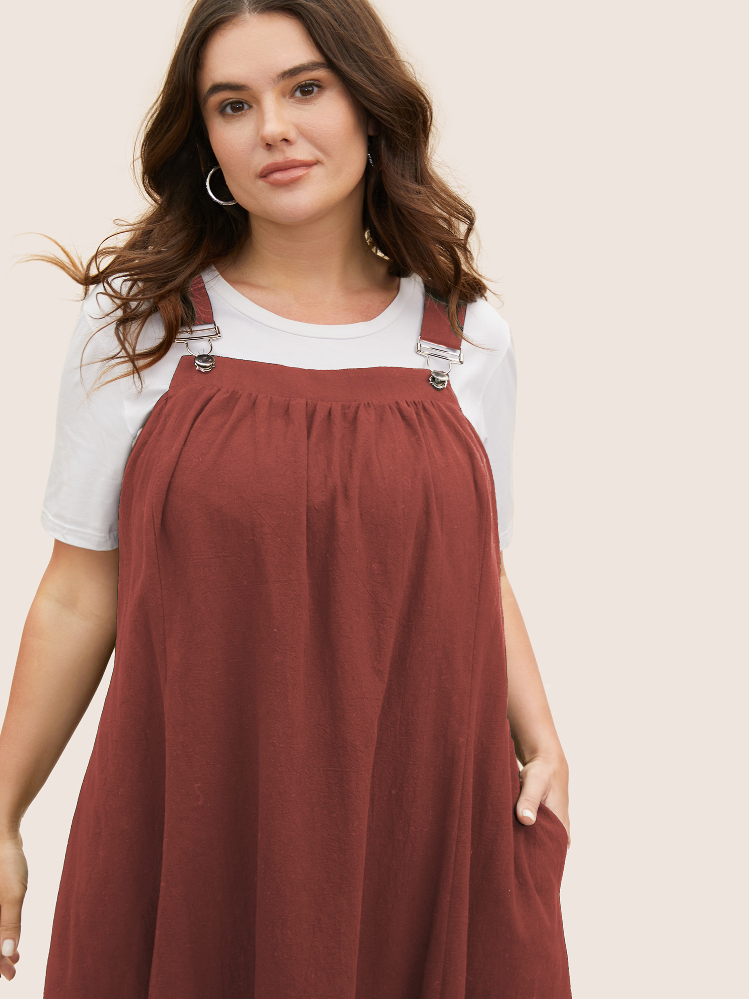 

Plus Size Cotton Solid Adjustable Straps Pocket Midi Dress Rust Women Gathered Non Sleeveless Curvy BloomChic