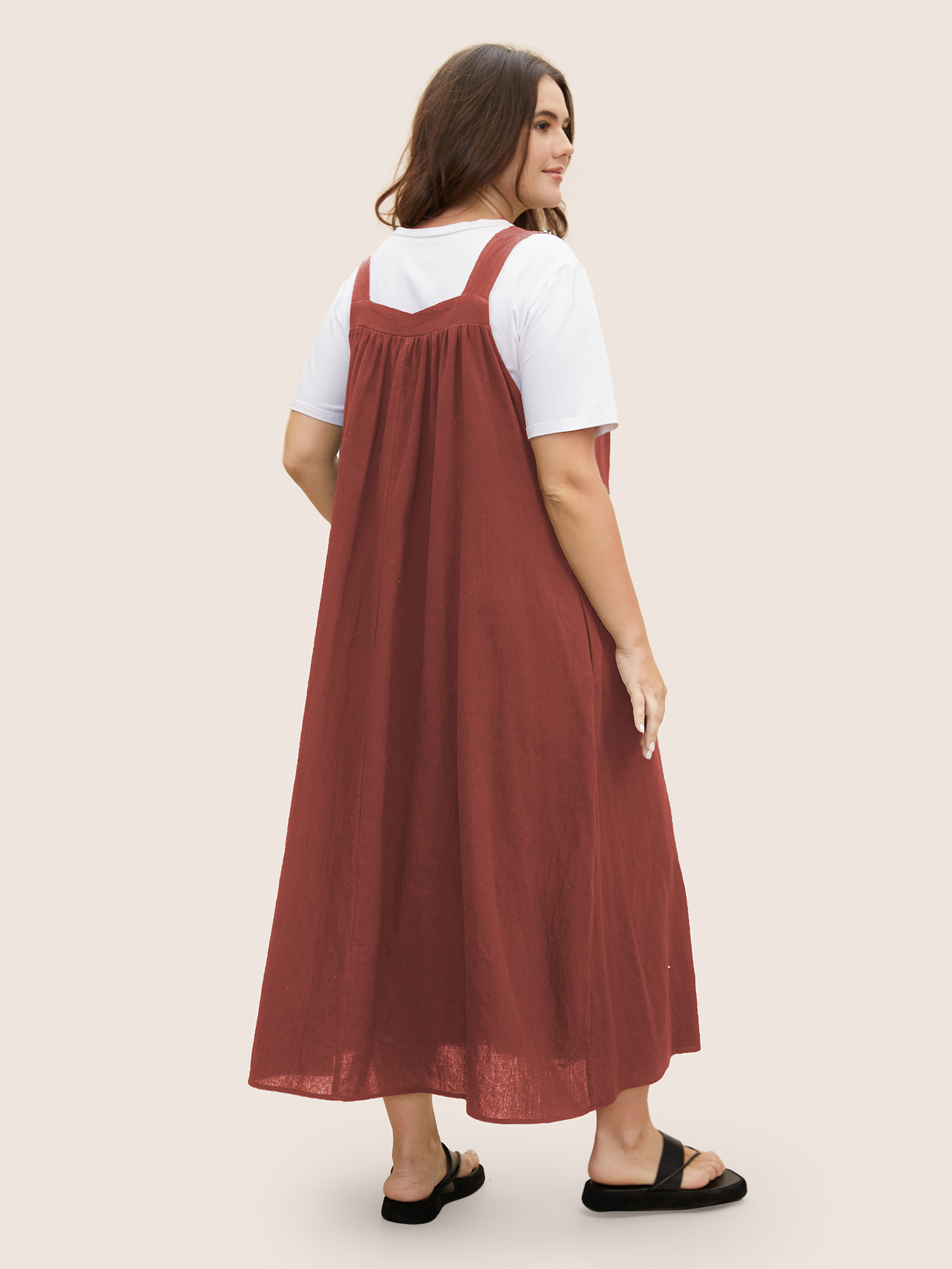 

Plus Size Cotton Solid Adjustable Straps Pocket Midi Dress Rust Women Casual Gathered Non Sleeveless Curvy BloomChic