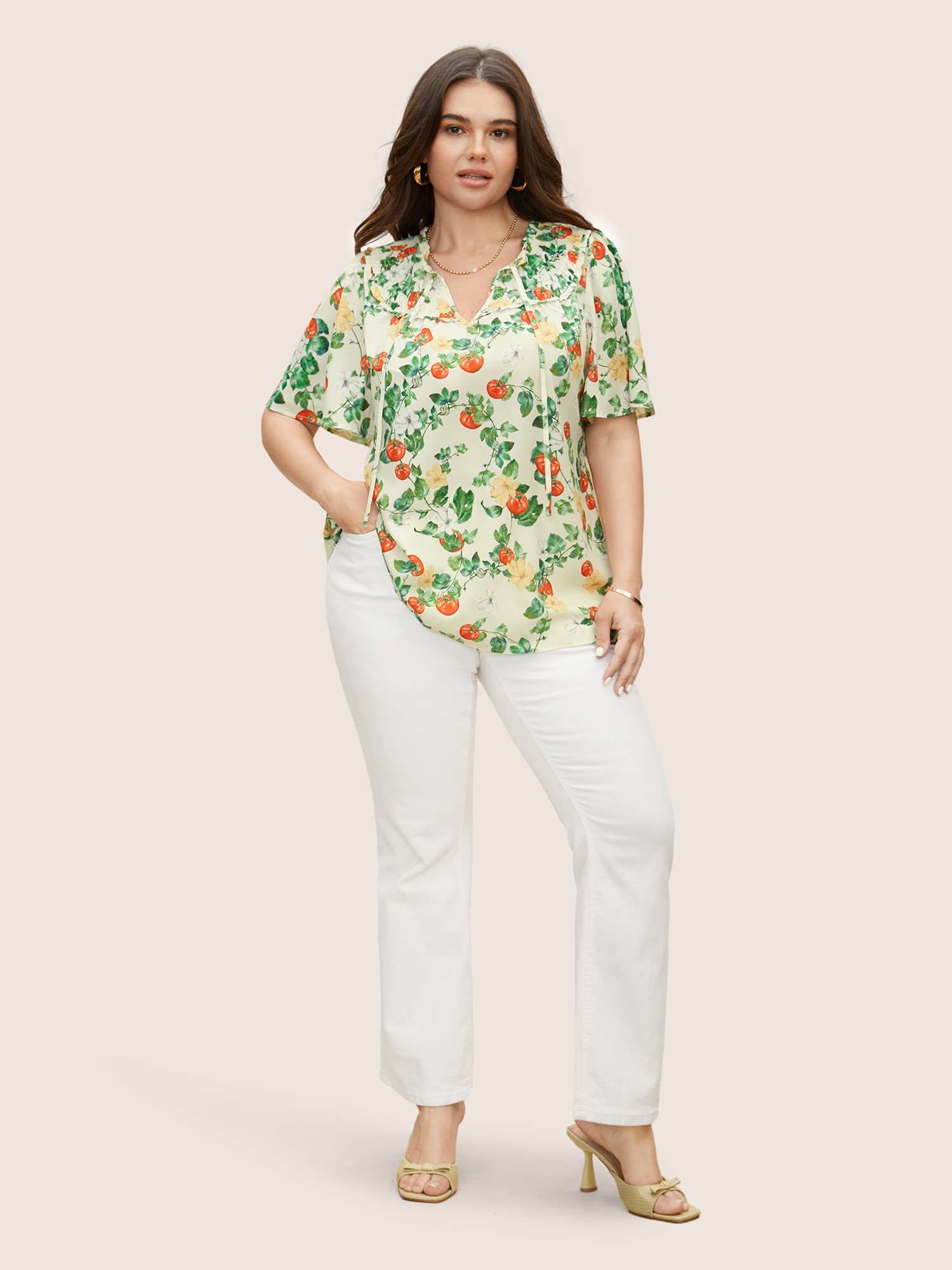 Plus Size Multicolor Tomato Print Frill Trim Lace Up Blouse Women Elegant Short sleeve V-neck Everyday Blouses BloomChic 22-24/3X 