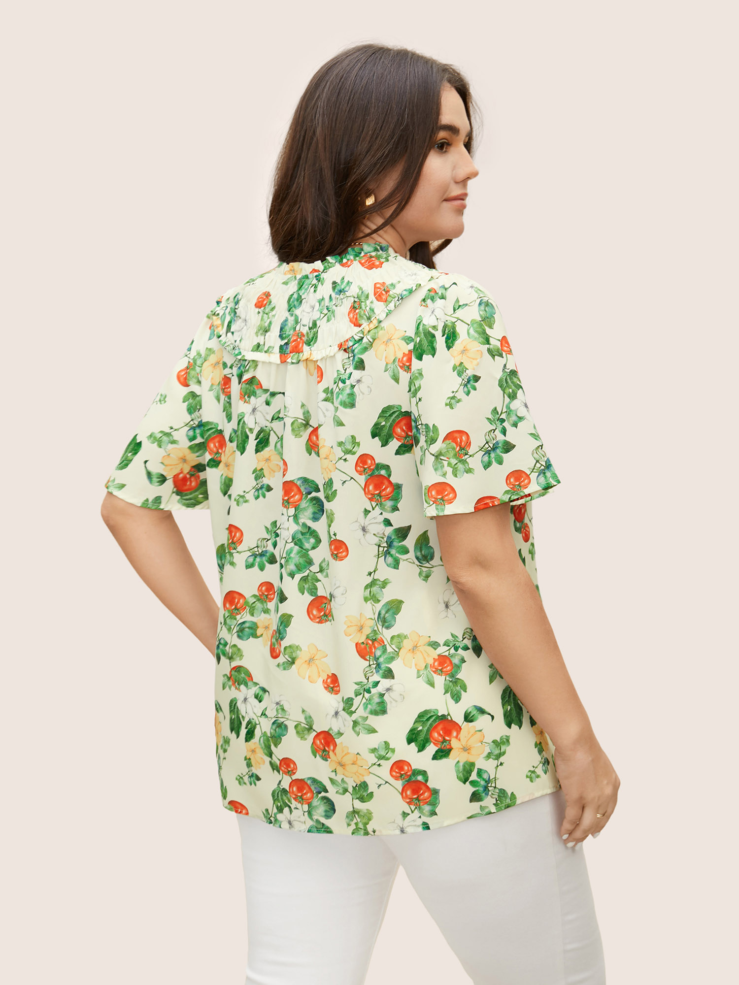 Plus Size Multicolor Tomato Print Frill Trim Lace Up Blouse Women Elegant Short sleeve V-neck Everyday Blouses BloomChic 22-24/3X 