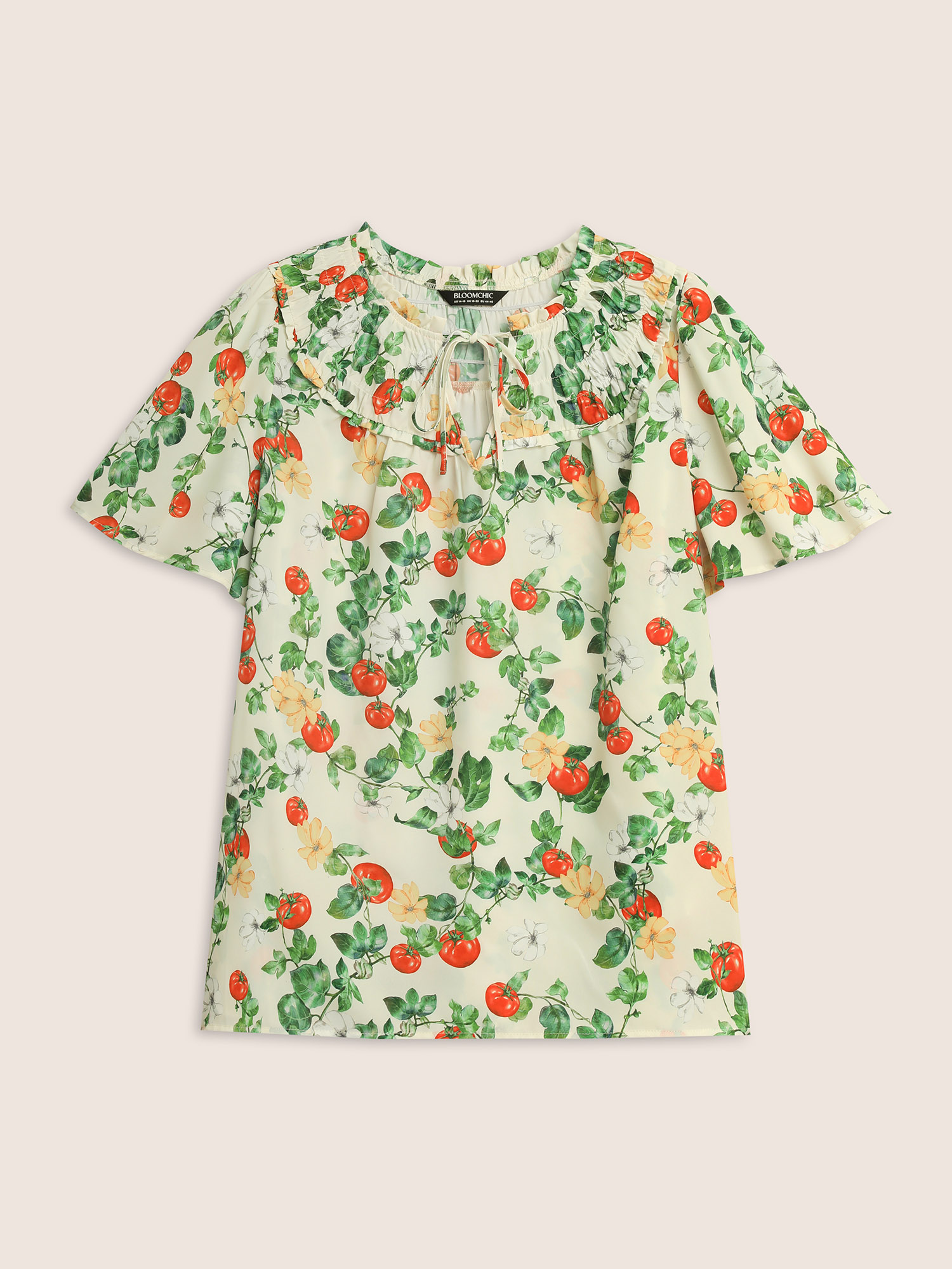Plus Size Multicolor Tomato Print Frill Trim Lace Up Blouse Women Elegant Short sleeve V-neck Everyday Blouses BloomChic 22-24/3X 
