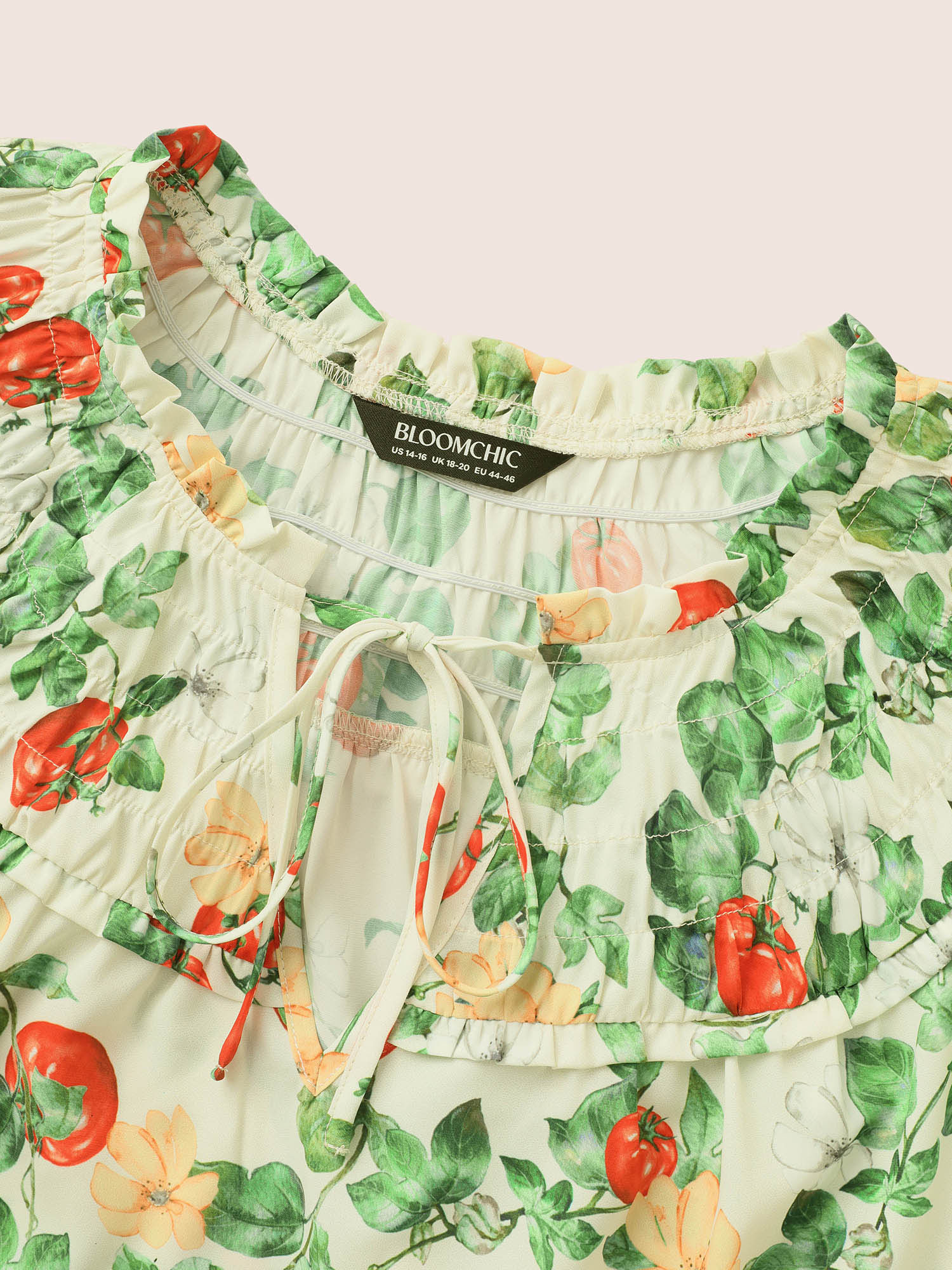 Plus Size Multicolor Tomato Print Frill Trim Lace Up Blouse Women Elegant Short sleeve V-neck Everyday Blouses BloomChic 22-24/3X 