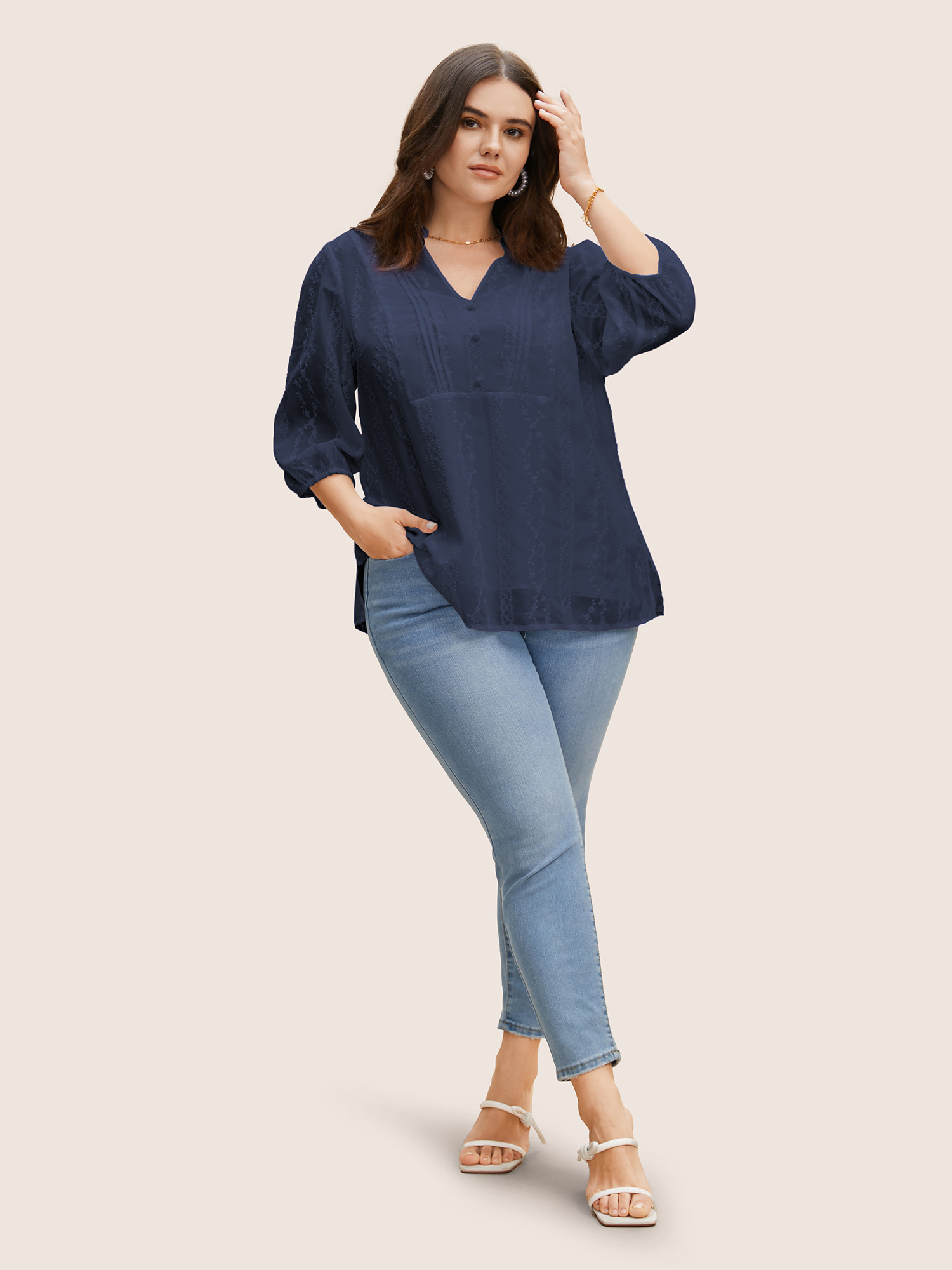 

Plus Size Indigo Texture Mesh Button Detail Tucked Seam Blouse Women Elegant Elbow-length sleeve V-neck Everyday Blouses BloomChic