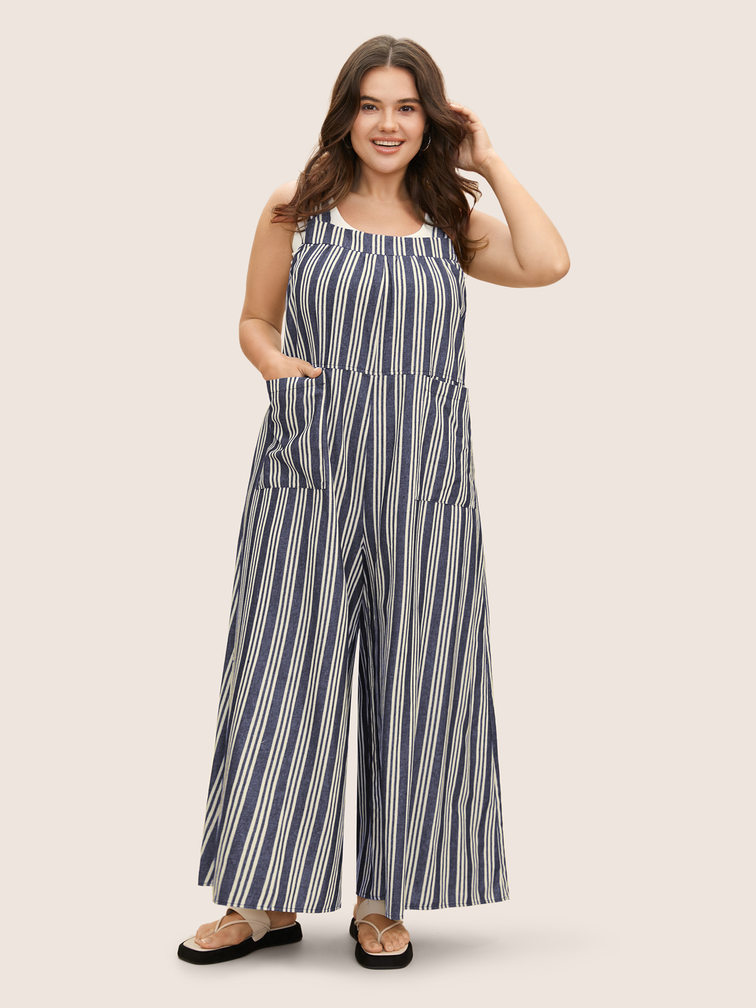 

Plus Size DarkBlue Cotton Striped Patched Pocket Loose Jumpsuit Women Casual Sleeveless Non Everyday Loose Jumpsuits BloomChic