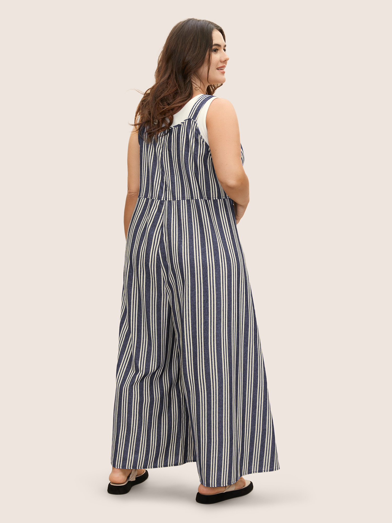 

Plus Size DarkBlue Cotton Striped Patched Pocket Loose Jumpsuit Women Casual Sleeveless Non Everyday Loose Jumpsuits BloomChic