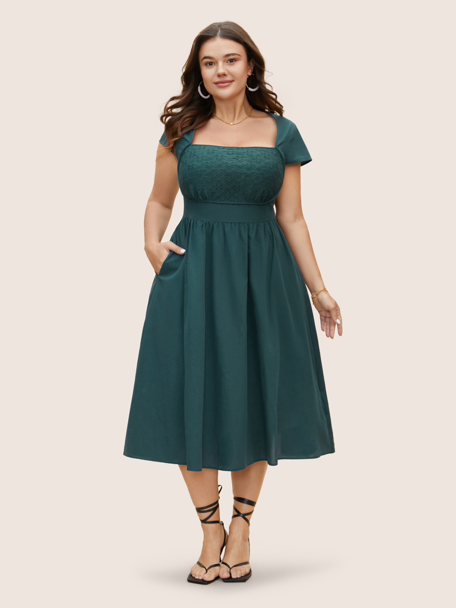 

Plus Size Solid Broderie Anglaise Shirred Tucked Seam Dress Cyan Women Tucked seam Square Neck Cap Sleeve Curvy BloomChic