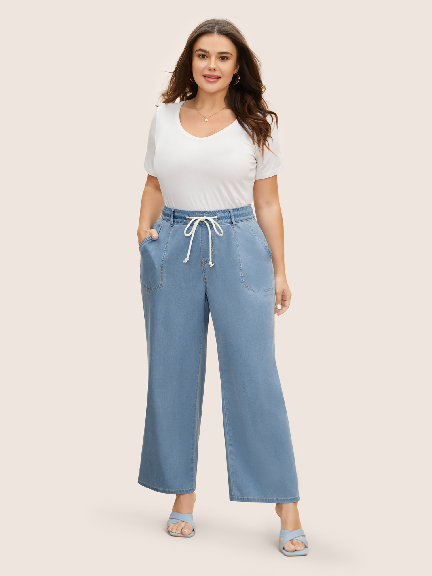 Plus Size Light Wash Drawstring Elastic Waist Wide Leg Jeans Women Denimblue Elegant Drawstring Medium stretch Side seam pocket Jeans BloomChic 14/1X 
