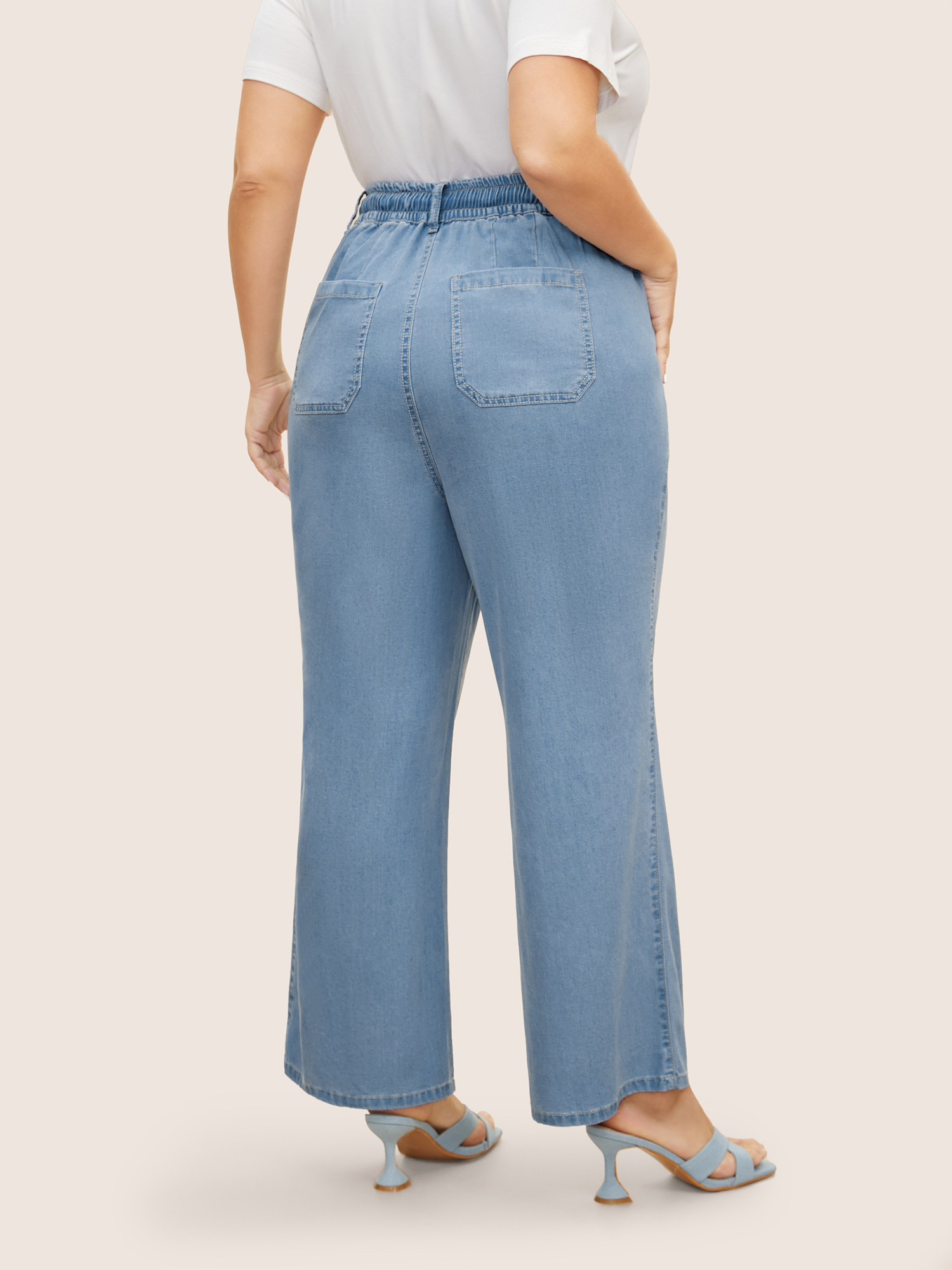 Plus Size Light Wash Drawstring Elastic Waist Wide Leg Jeans Women Denimblue Elegant Drawstring Medium stretch Side seam pocket Jeans BloomChic 14/1X 