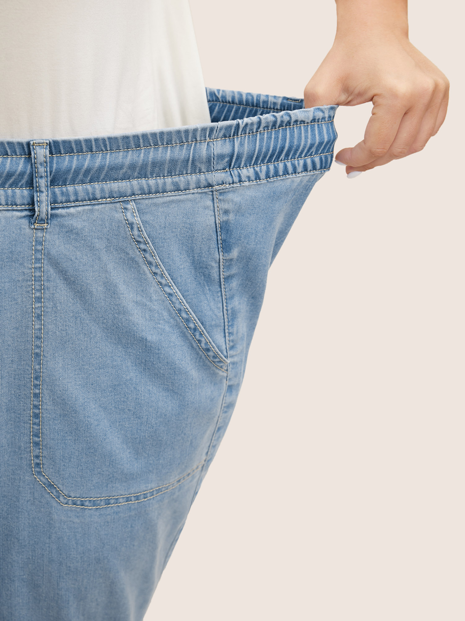 Plus Size Light Wash Drawstring Elastic Waist Wide Leg Jeans Women Denimblue Elegant Drawstring Medium stretch Side seam pocket Jeans BloomChic 14/1X 