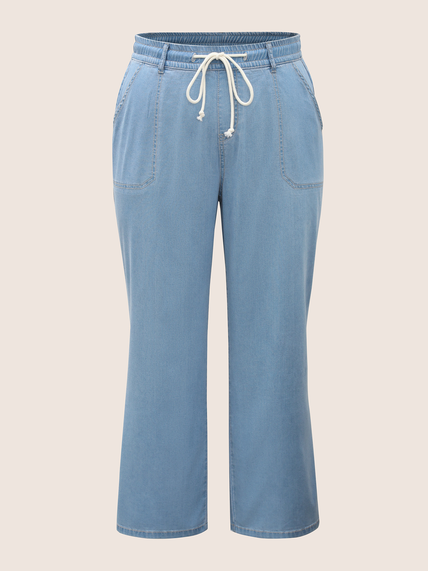 Plus Size Light Wash Drawstring Elastic Waist Wide Leg Jeans Women Denimblue Elegant Drawstring Medium stretch Side seam pocket Jeans BloomChic 14/1X 