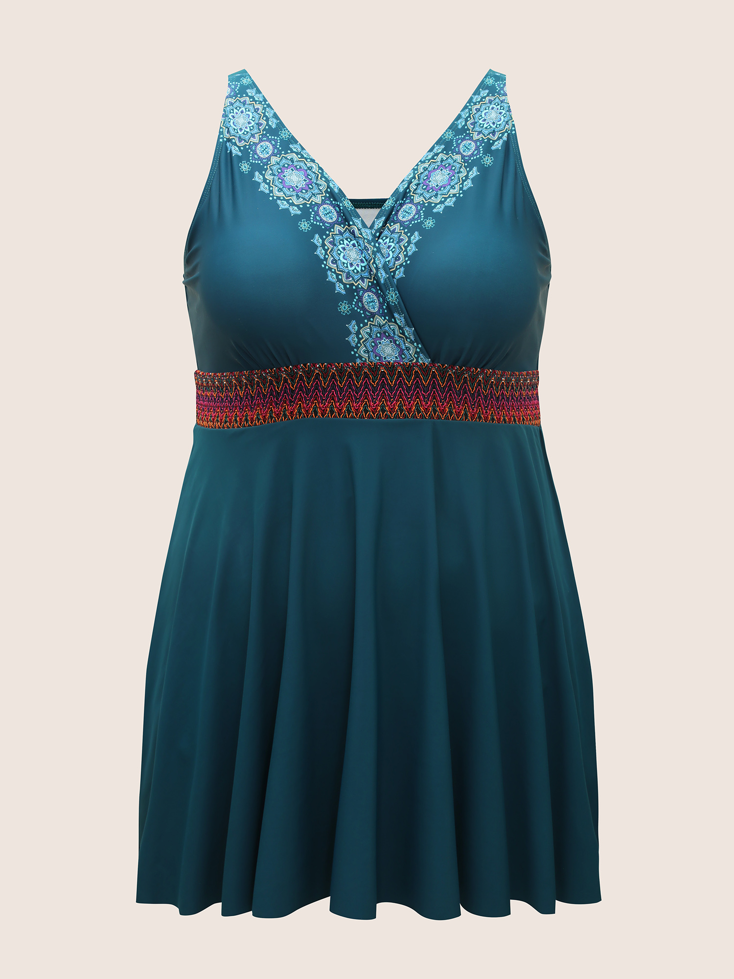 Plus Size Overlap Collar Bandana Print Contrast Webbing Swim Dress Women`s Swimwear Cyan Beach Bodycon Overlap Collar High stretch Curve Swim Dresses BloomChic 12/L 