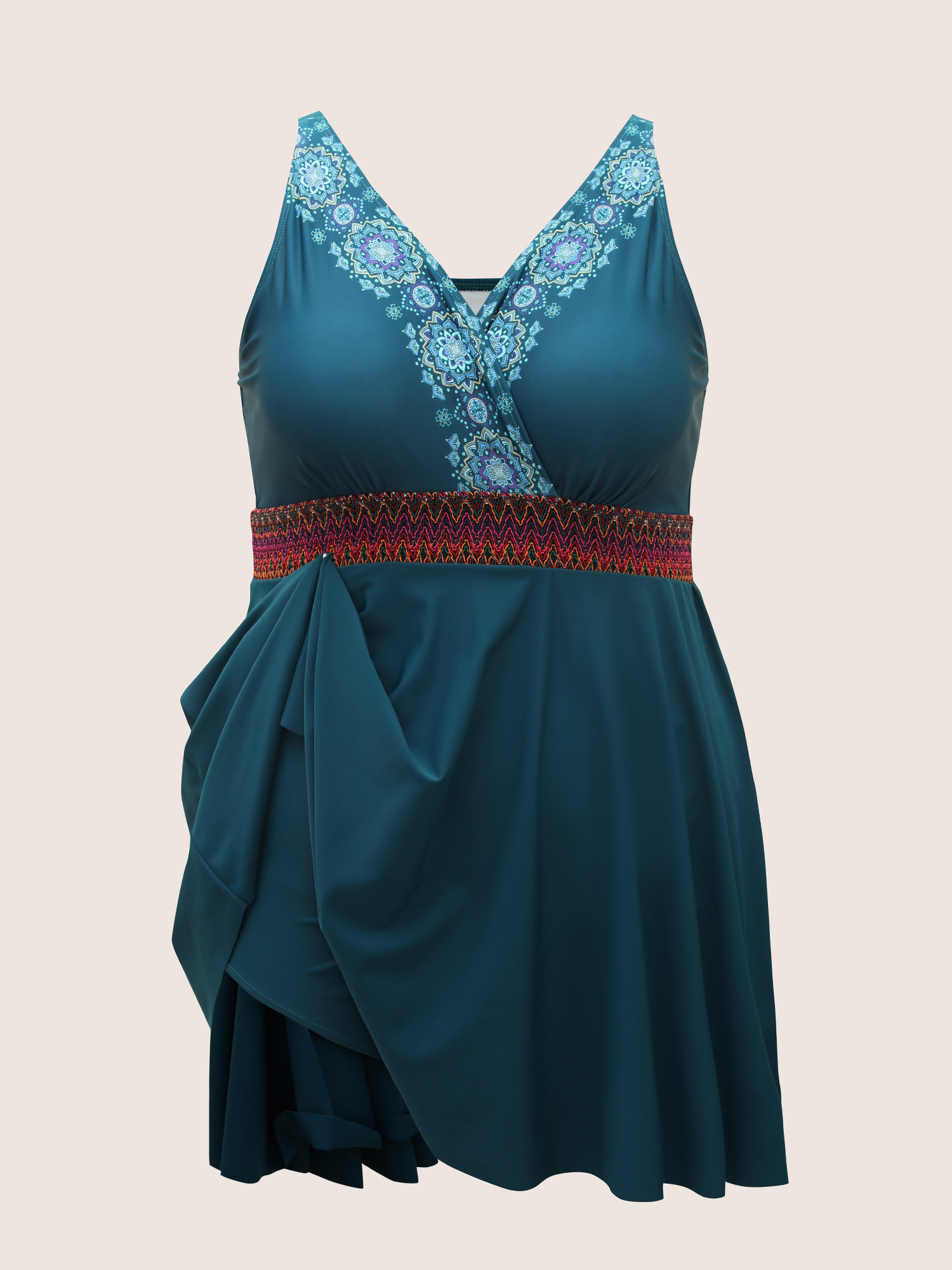 Plus Size Overlap Collar Bandana Print Contrast Webbing Swim Dress Women`s Swimwear Cyan Beach Bodycon Overlap Collar High stretch Curve Swim Dresses BloomChic 12/L 