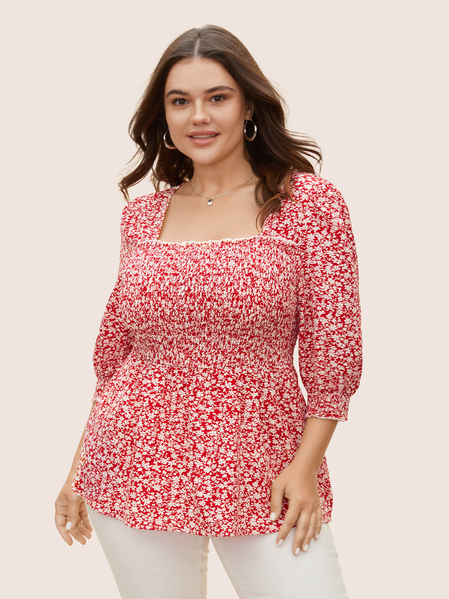

Plus Size Crimson Square Neck Ditsy Floral Shirred Blouse Women Elegant Elbow-length sleeve Square Neck Everyday Blouses BloomChic