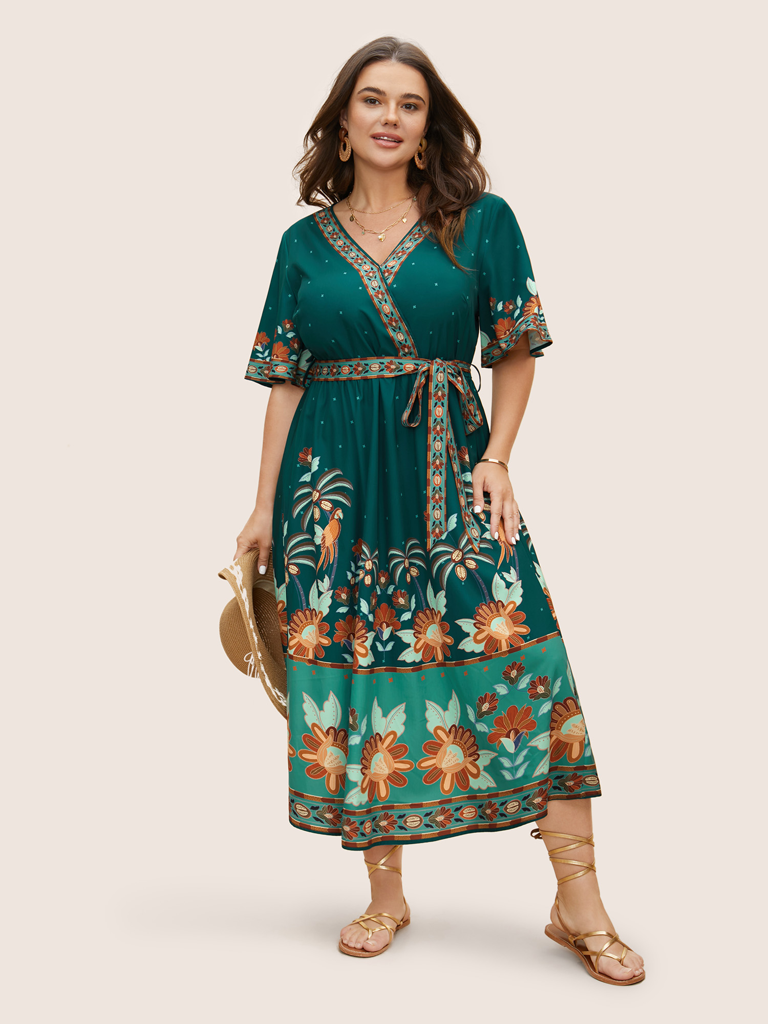 

Plus Size Bandana Print Surplice Neck Flutter Sleeve Dress Emerald Women Non V-neck Short sleeve Curvy Midi Dress BloomChic
