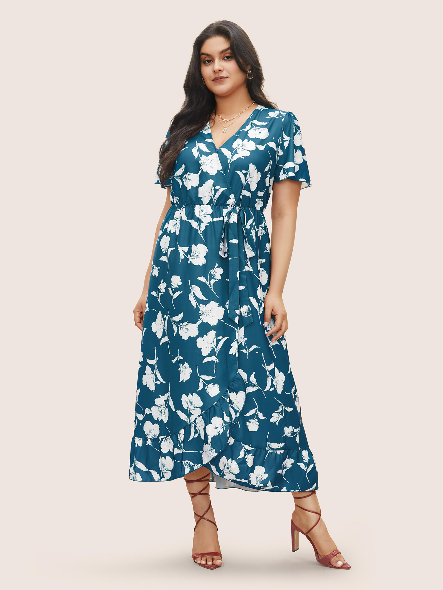 

Plus Size Floral Ruffle Knot Side Wrap Dress Teal Women Elegant Ruffles V-neck Short sleeve Curvy Midi Dress BloomChic