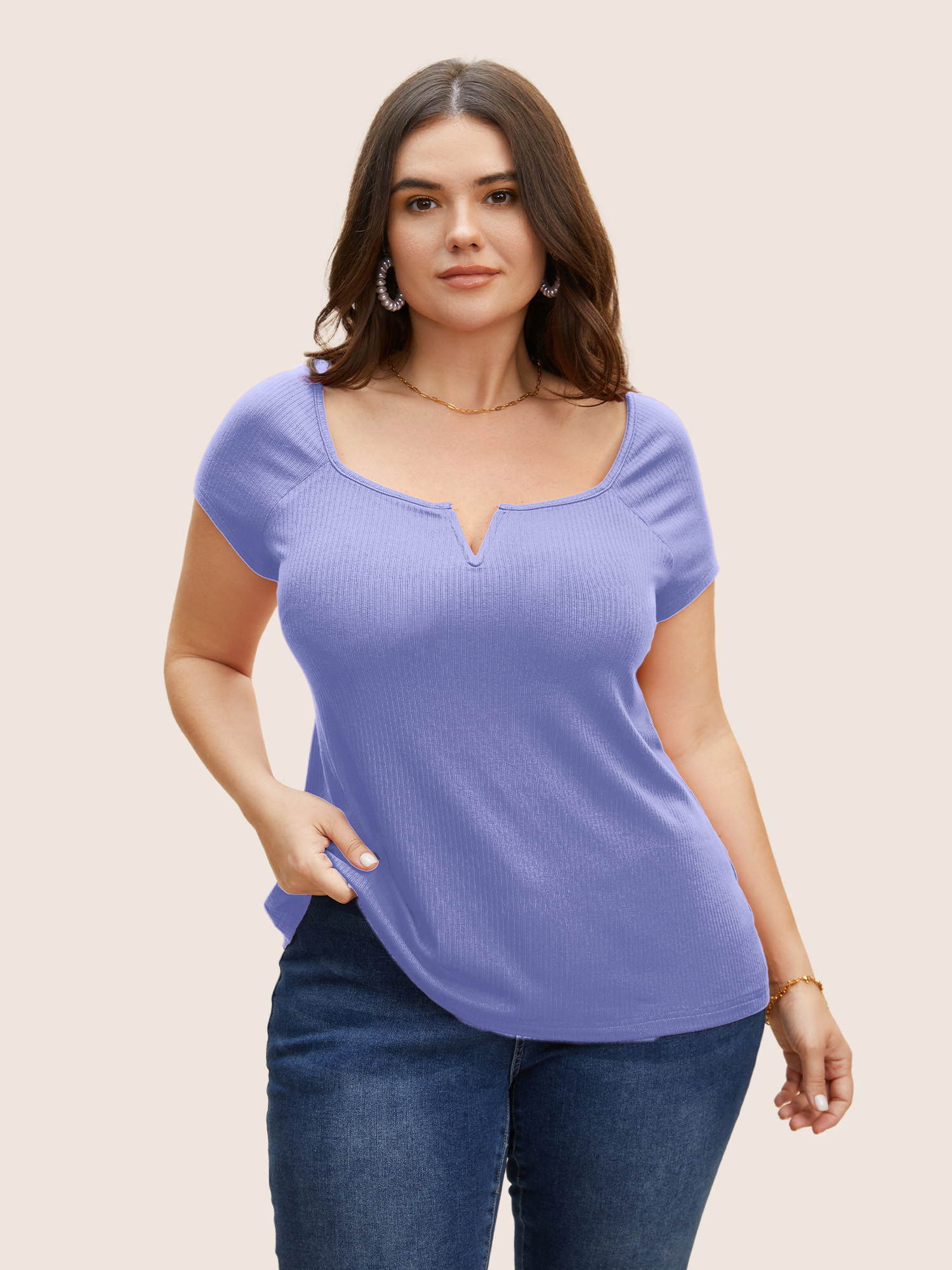 

Plus Size Solid Notched Collar Pit Strip T-shirt BlueViolet Women Elegant Non Notched collar Bodycon Everyday T-shirts BloomChic