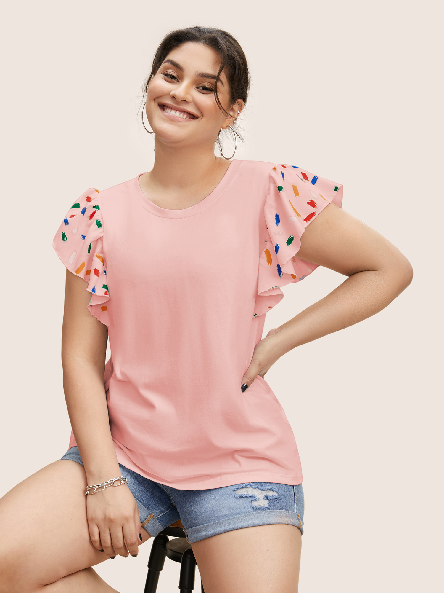 Plus Size Colored Brush Print Ruffle Cap Sleeve T-shirt Lightpink Women Casual Contrast Round Neck Everyday T-shirts BloomChic 28/5X 
