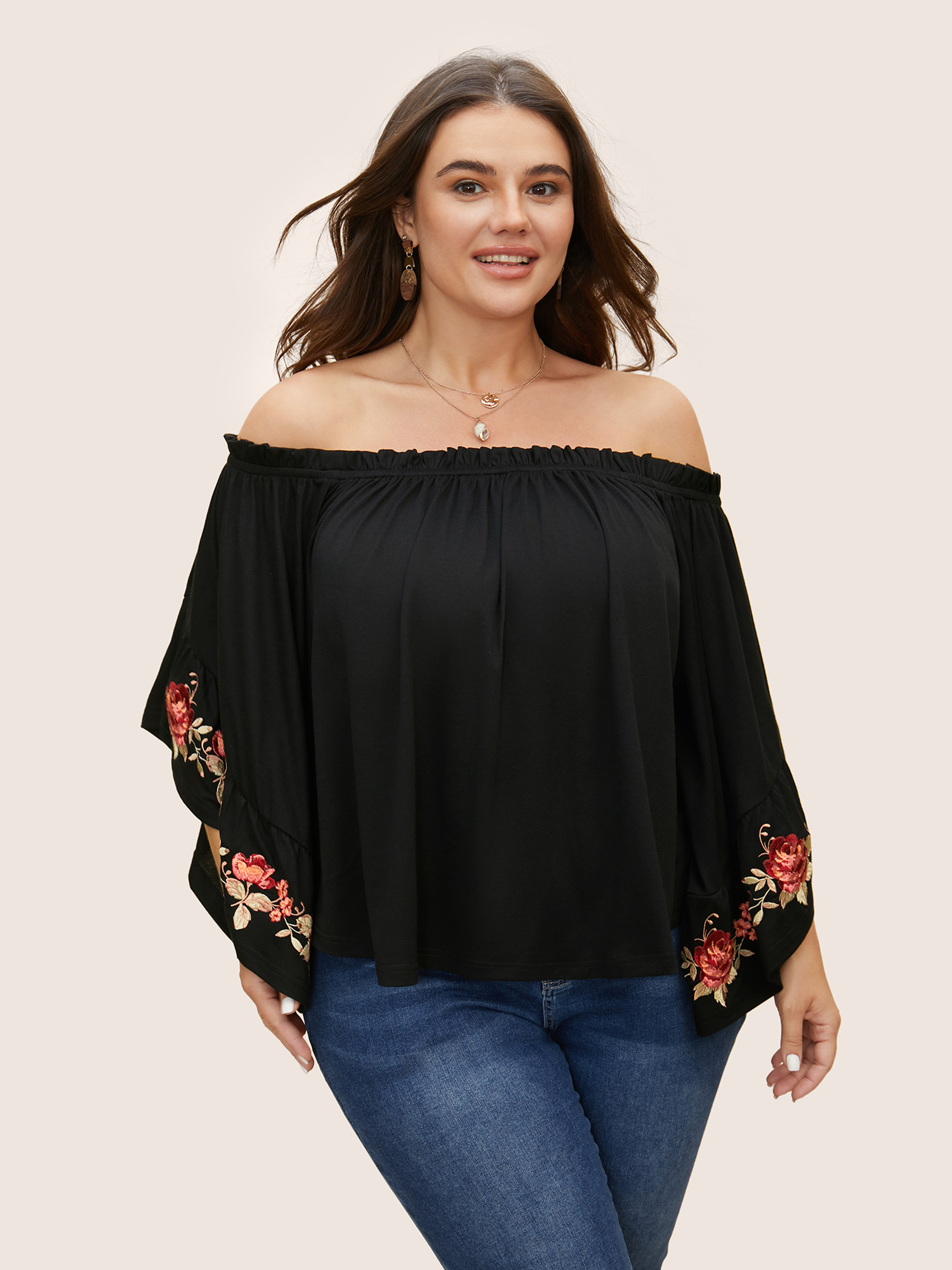 

Plus Size Off Shoulder Floral Embroidered Ruffle Sleeve T-shirt Black Women Elegant Contrast Natural Flowers One-shoulder neck Everyday T-shirts BloomChic