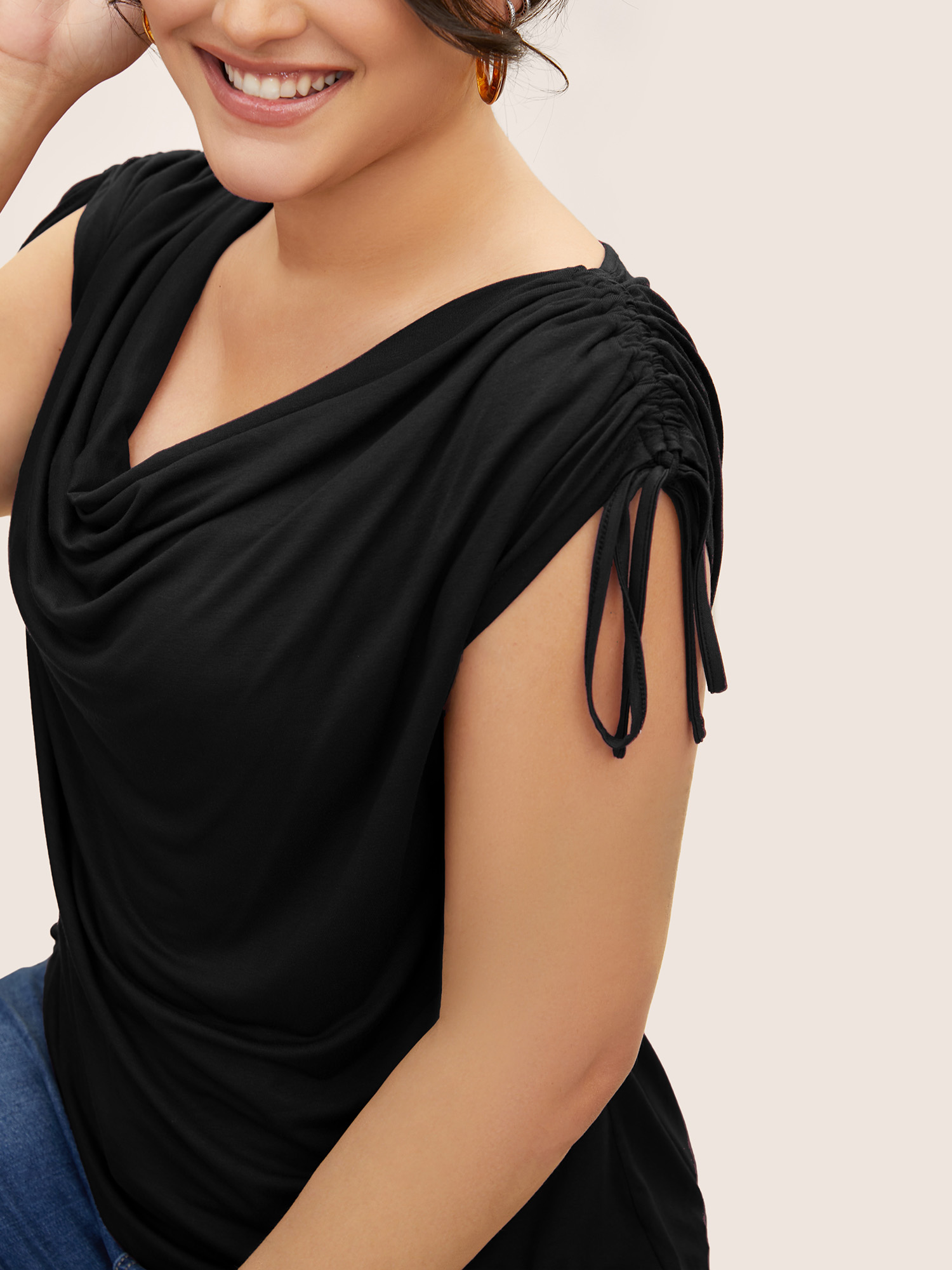 

Plus Size Supersoft Essentials Solid Cowl Neck Drawstring T-shirt Black Cowl Neck Cap Sleeve Basics Jersey Tops