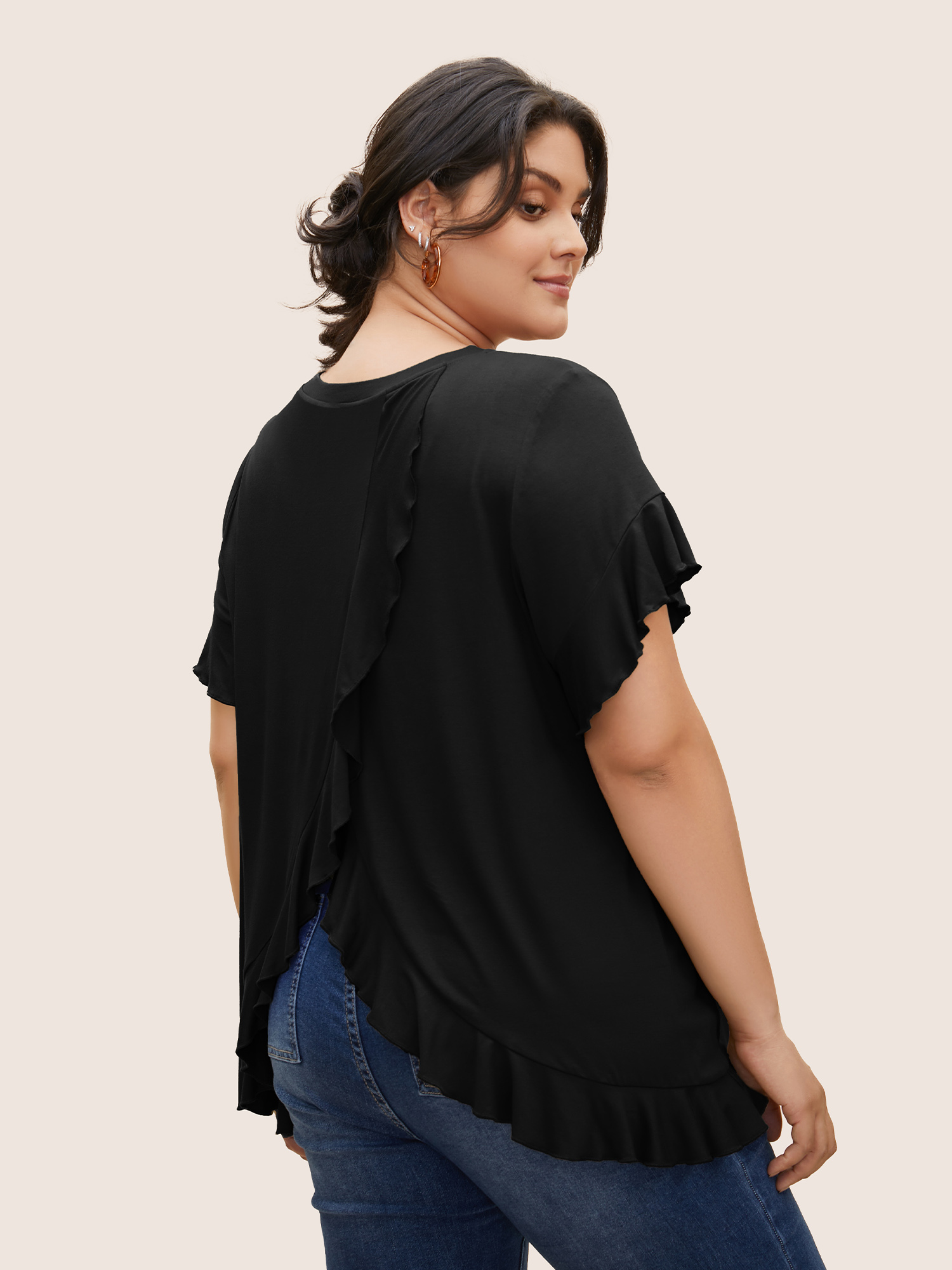 

Plus Size Round Neck Back Wrap Ruffles T-shirt Black Women Casual Overlapping Round Neck Everyday T-shirts BloomChic