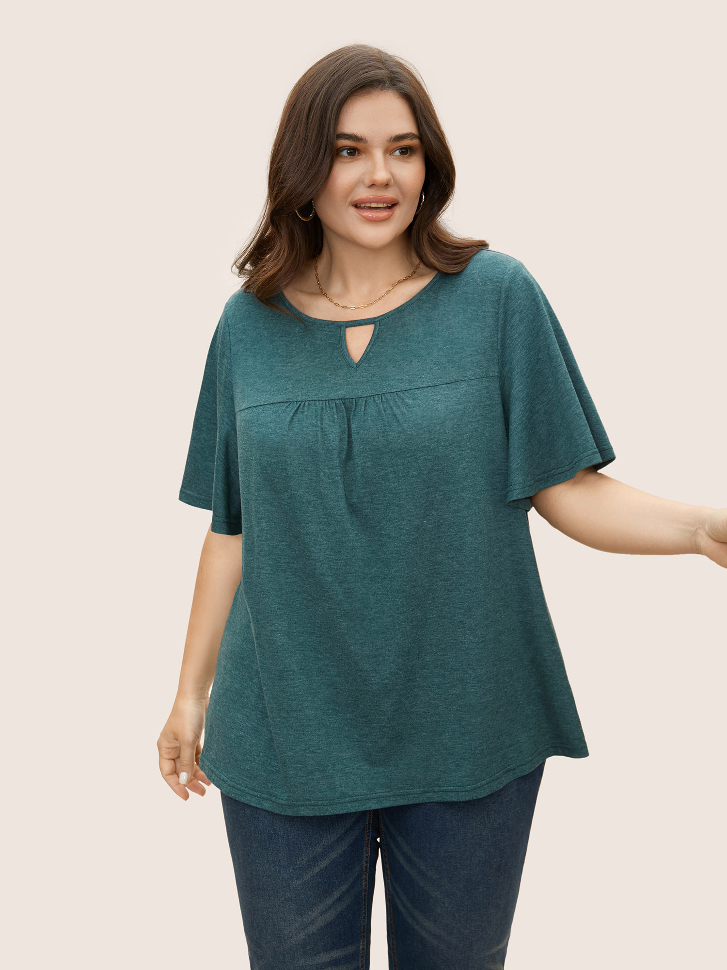 

Plain Ruffle Sleeve Keyhole Gathered Crew Neck T-shirt, Darkgreen