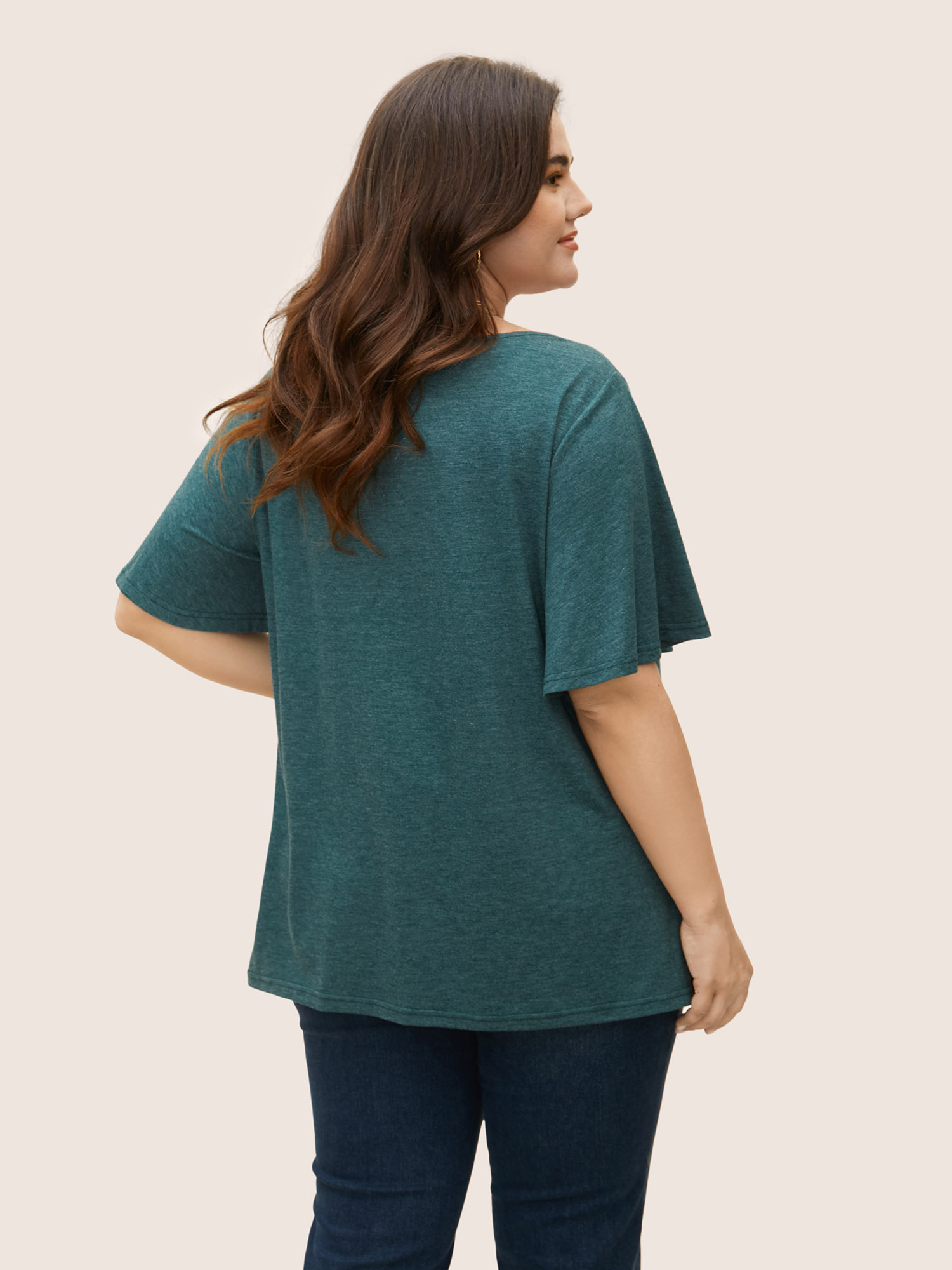 

Plus Size Plain Ruffle Sleeve Keyhole Gathered Crew Neck T-shirt DarkGreen Round Neck Short sleeve Elegant Jersey Tops