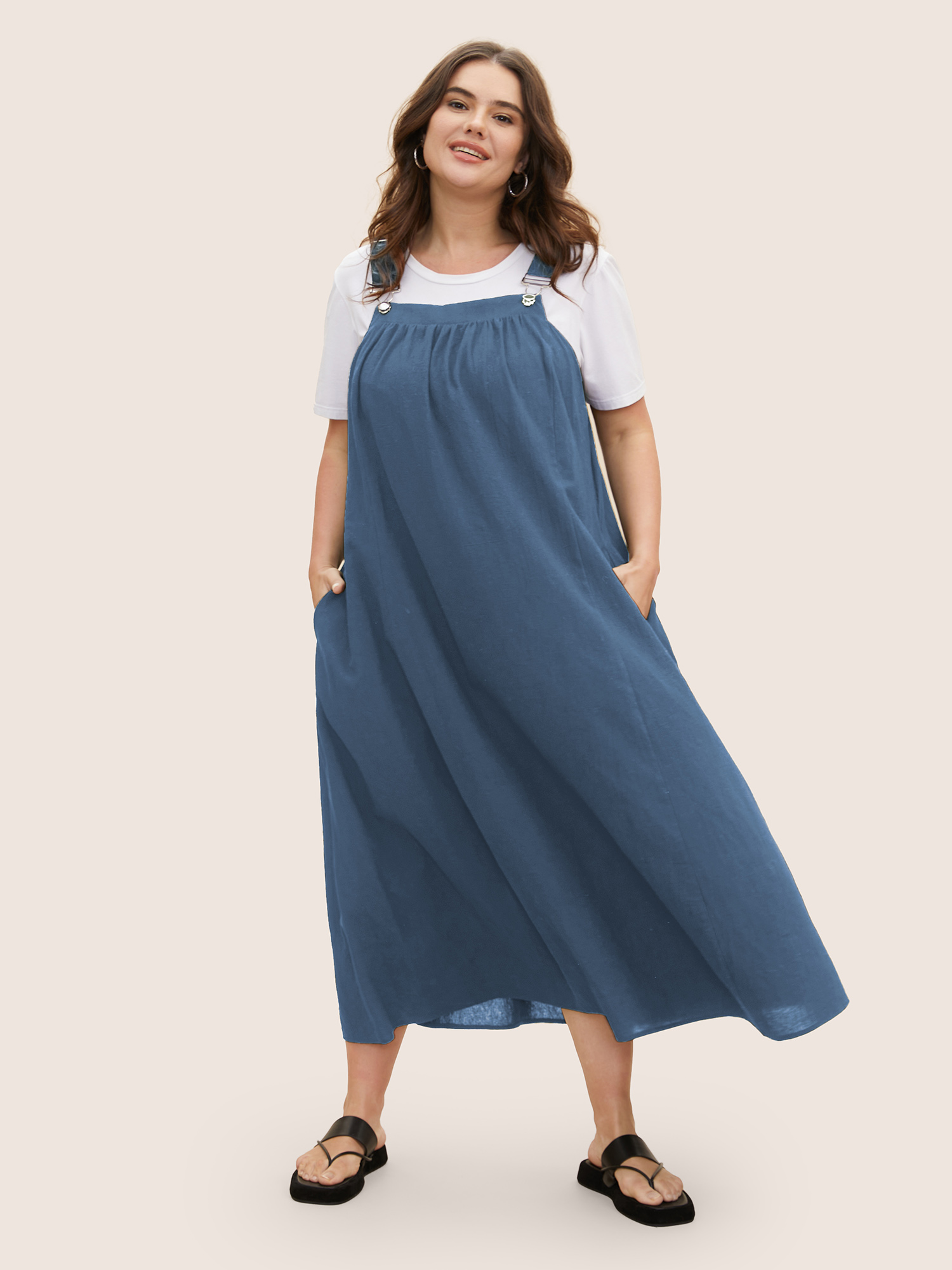 

Plus Size Cotton Solid Adjustable Straps Pocket Midi Dress DarkBlue Women Gathered Non Sleeveless Curvy BloomChic